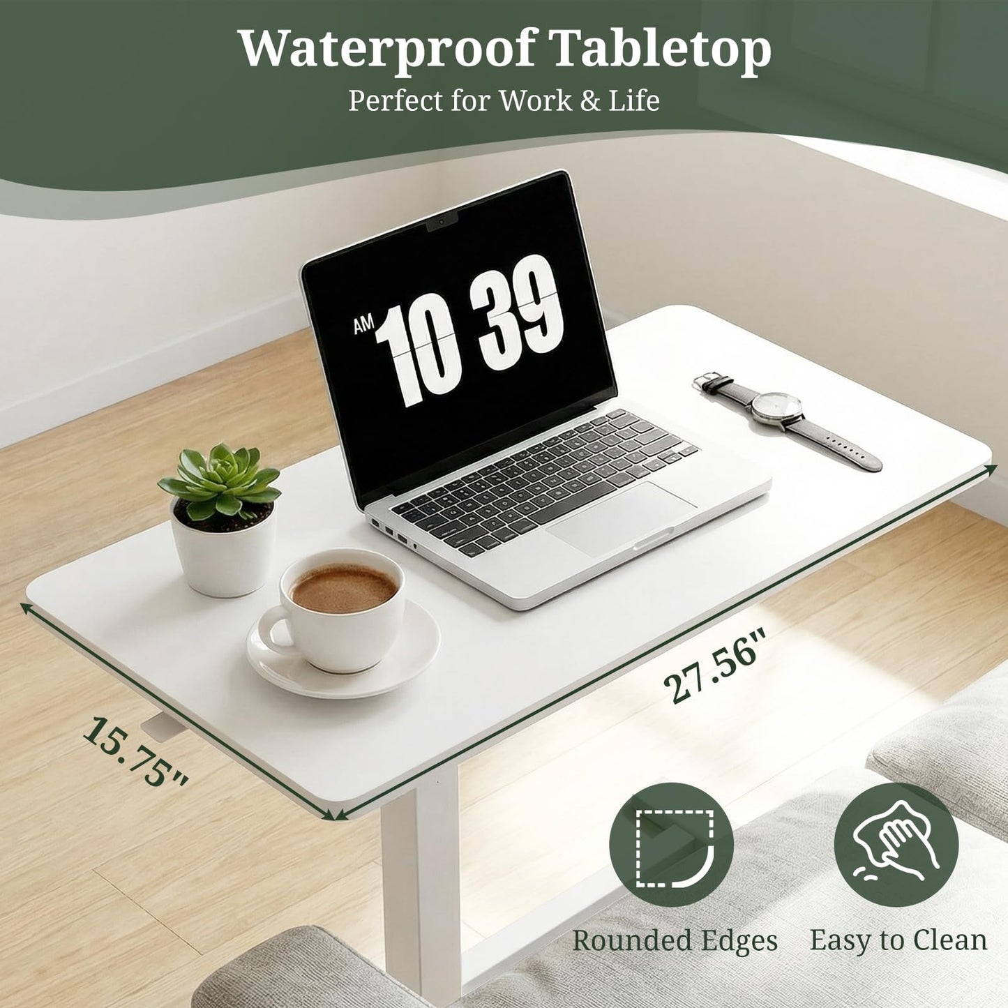 Mobile Standing Desk, Adjustable Height Desk with Hidden Casters, Portable Laptop Computer Table with Rolling Wheels, for Sit Stand Workstation, Compact and Sturdy for Home, Office, Dorm, White