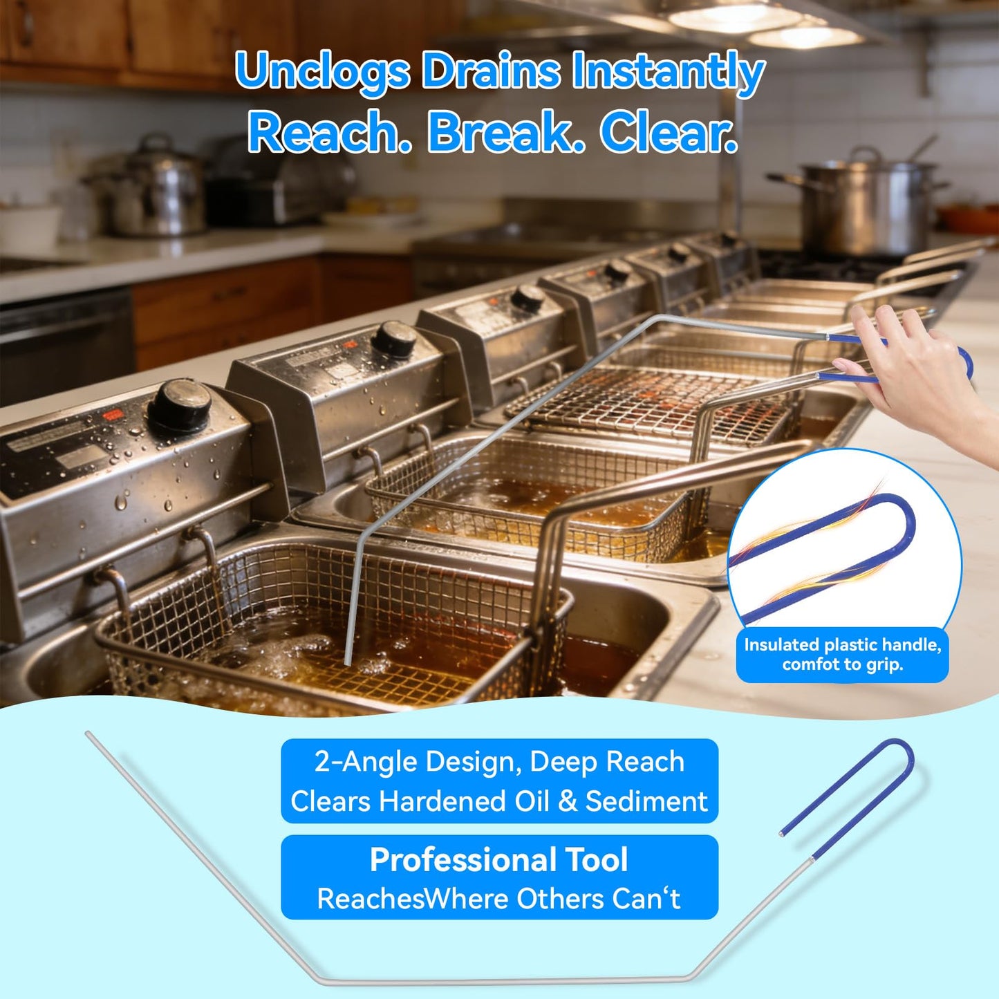 4-Piece Professional Deep Fryer Cleaning Kit - Commercial Stainless Steel Set with Dual-Layer Basket Brush, 3-in-1 Grill Scraper, L-Shape Brush & Drain Wand