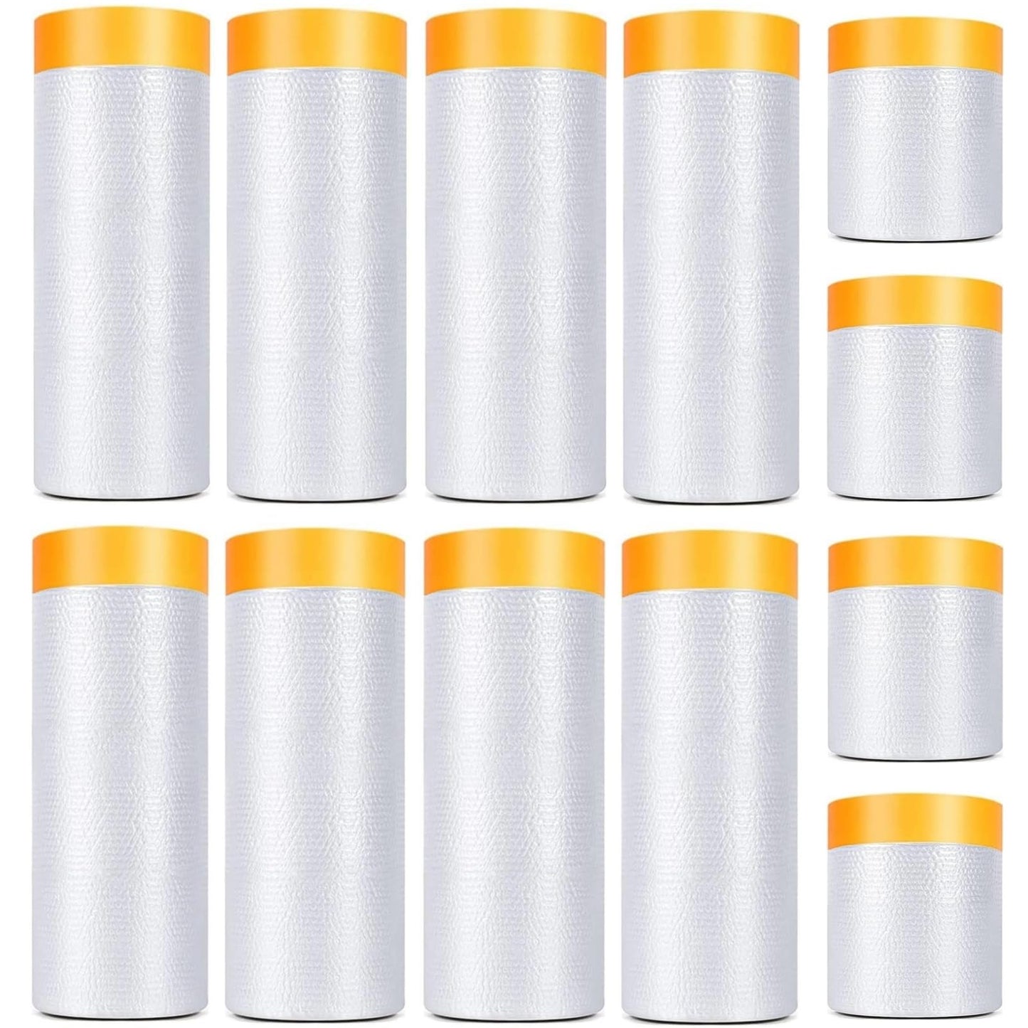 KUANVE 12 Pack Tape and Drape, 3 Sizes Pre-Taped Masking Film Plastic Sheeting Cover Roll, 65.6 Ft/Pack Automotive Painters Masking Tape Film for Furniture, Floor, Skirting