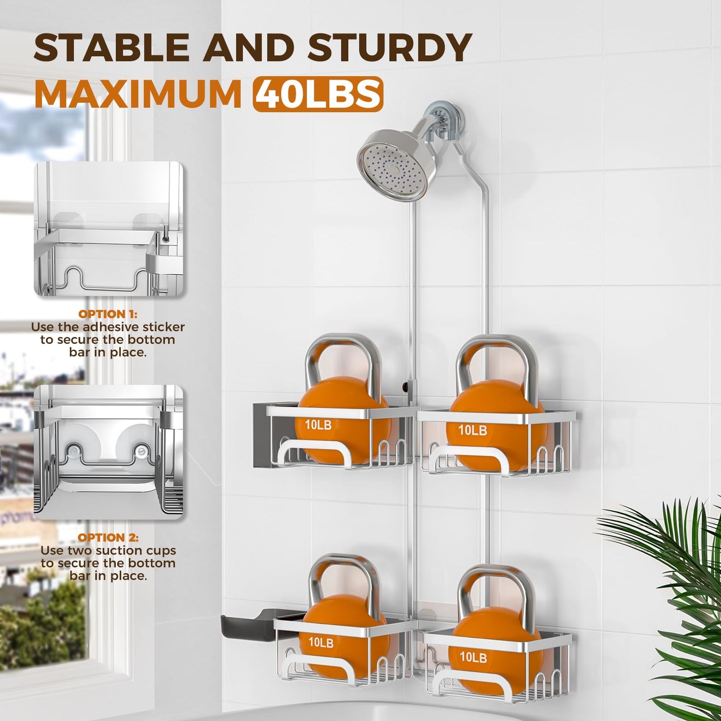 REINHARDT Adjustable Shower Caddy Hanging Split Shower Caddy for Handheld Showerheads, Rustproof Shower Organizer with Hooks for Razor Over the Head Caddy with Soap Holder Bathroom Accessories, Silver