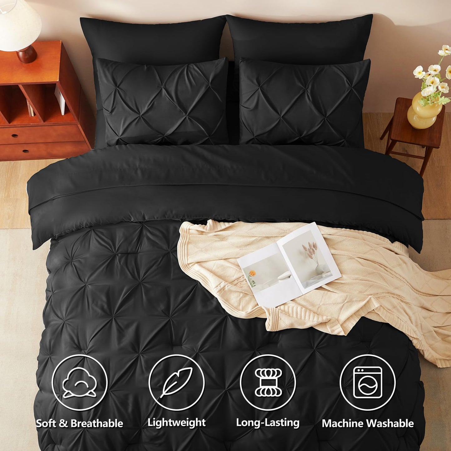 CozyLux Queen Comforter Set Black, 7 Pieces Pintuck Bed in A Bag, All Season Comforter Queen Size, Bed Set Gift for Family, Pinch Pleat Bedding Sets with Comforter, Sheets, Pillowcases & Shams