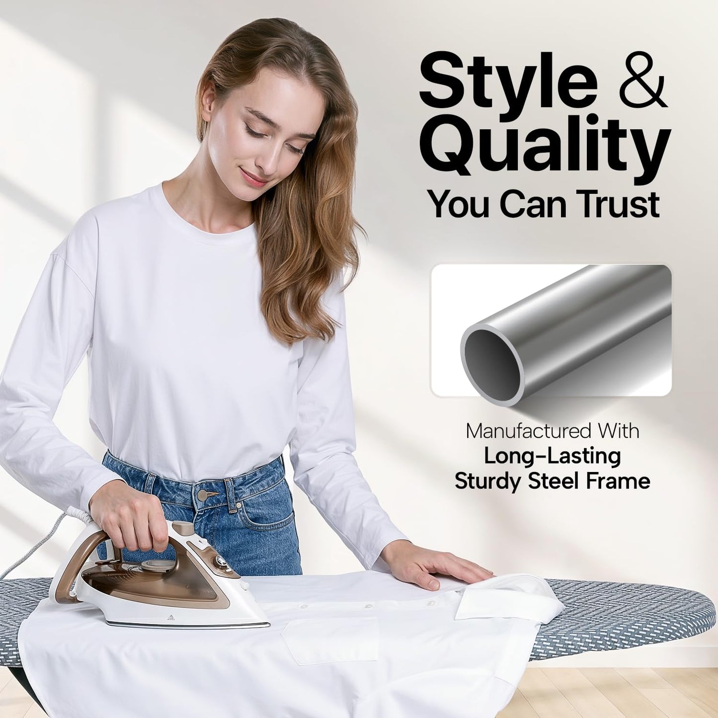 Modernly Basic Ironing Board Full Size | Heavy Duty Iron Board with Multi-Layer Cover Pad - Height Adjustable Iron Table, Safety Iron Rest, Ironing Boards for Laundry Room or Dorm Use (43x13)