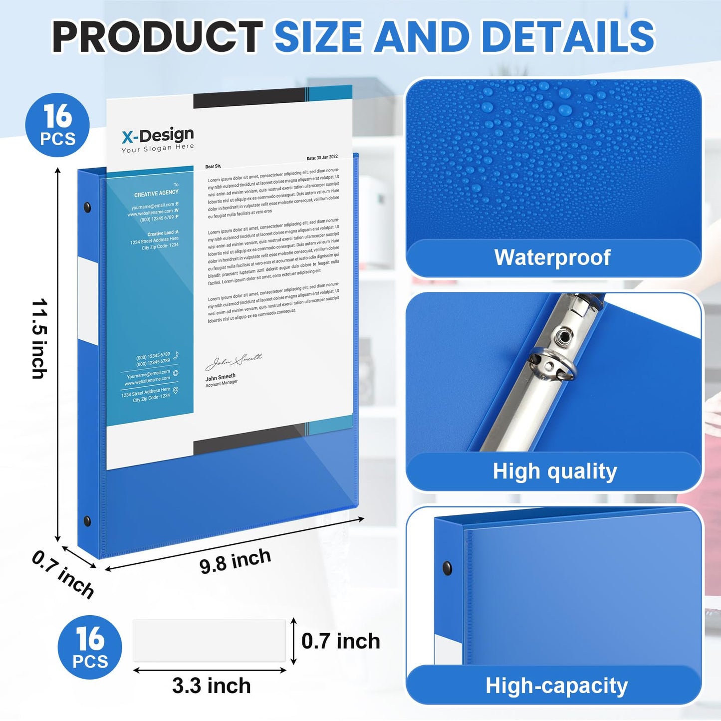Henoyso 16 Pack 1/2 Inch 3 Ring Binder with Clear Cover Fit Letter Size 8.5" x 11" Paper Holds 140 Sheets, Bulk Binders for Organizing School, Office & Classroom Documents, 1 Pocket (Blue)