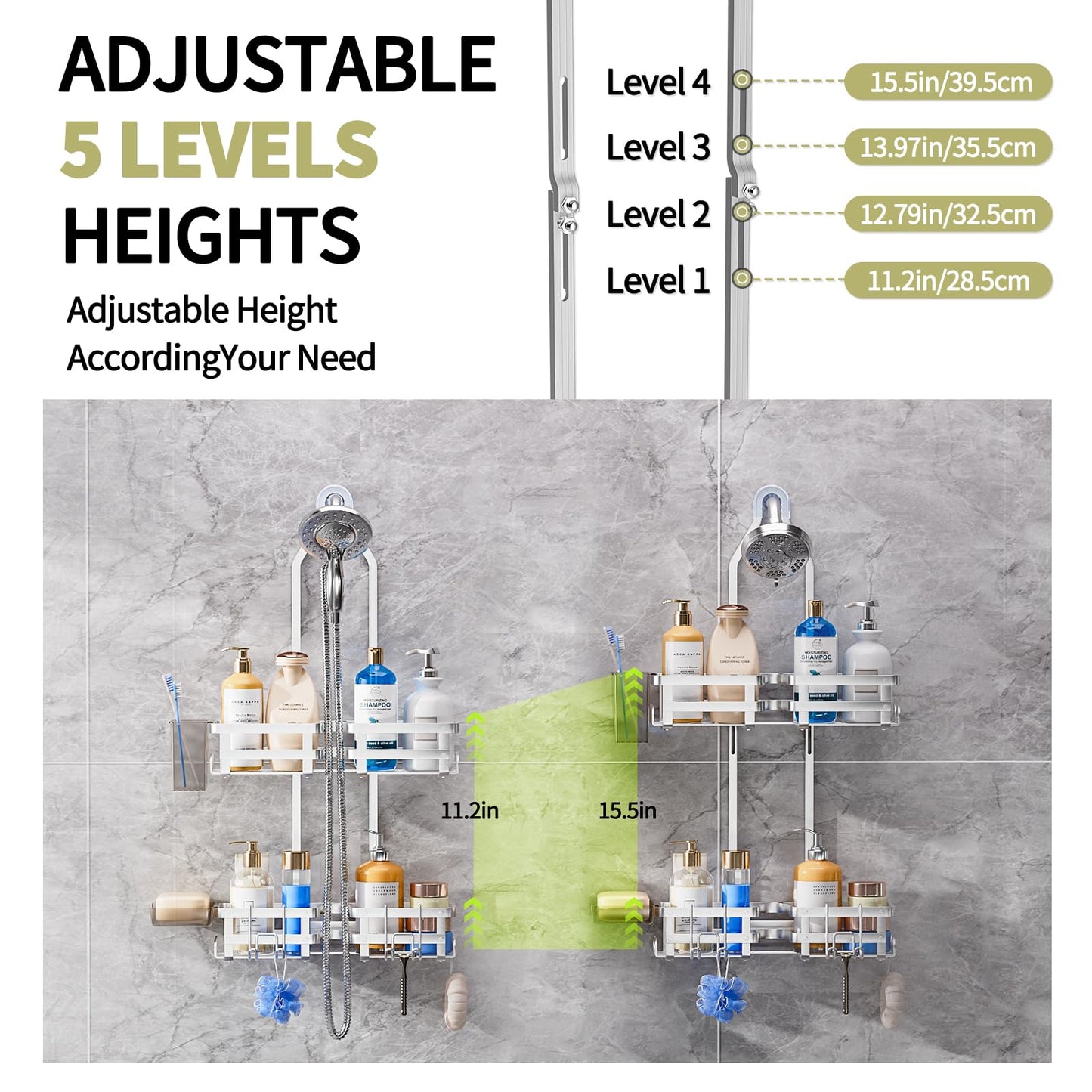 GAOKASE Aluminum Shower Caddy Hanging, Never Rust Shower Organizer- 4 Levels with adjustable Height 10 Hooks for Razor/Sponge - Rack with Soap Basket (Silver)
