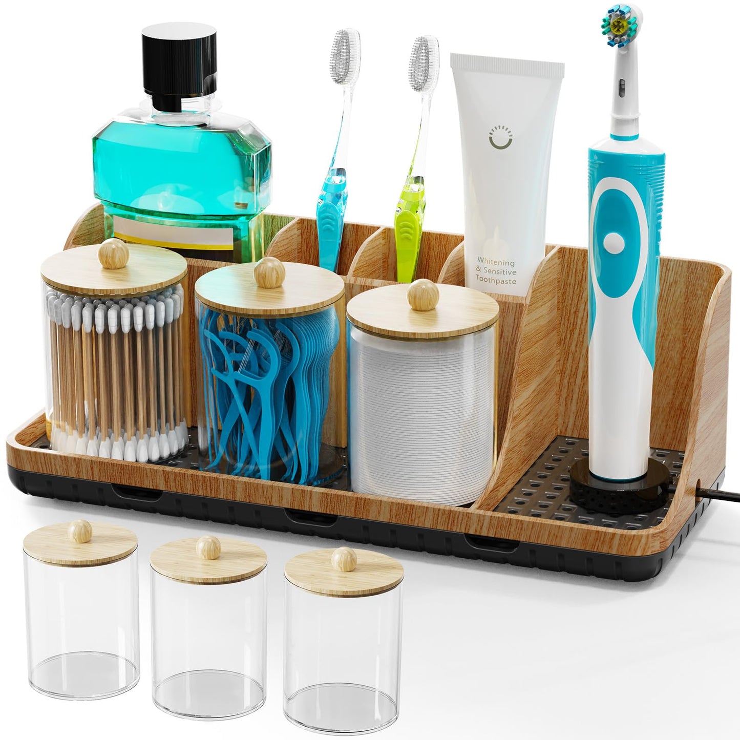 PARKMANI Bathroom Counter Organizer, Bathrooms Toothbrush Holder Set with 3 PCS Qtip Holder, Kids Electric Toothbrush and Toothpaste Holder Organizer Drainage for Bathroom Accessories (Wood Grain)