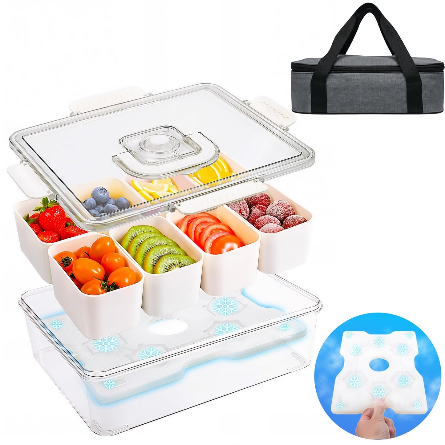 Portable Snackle Box Container with Ice Pack,Snack Container Divided Serving Tray Insulated Bag, Cooling Travel Snacklebox with Lid & Handle,8 Compartment Chilled Serving Tray for Beach,Outdoor,Picnic