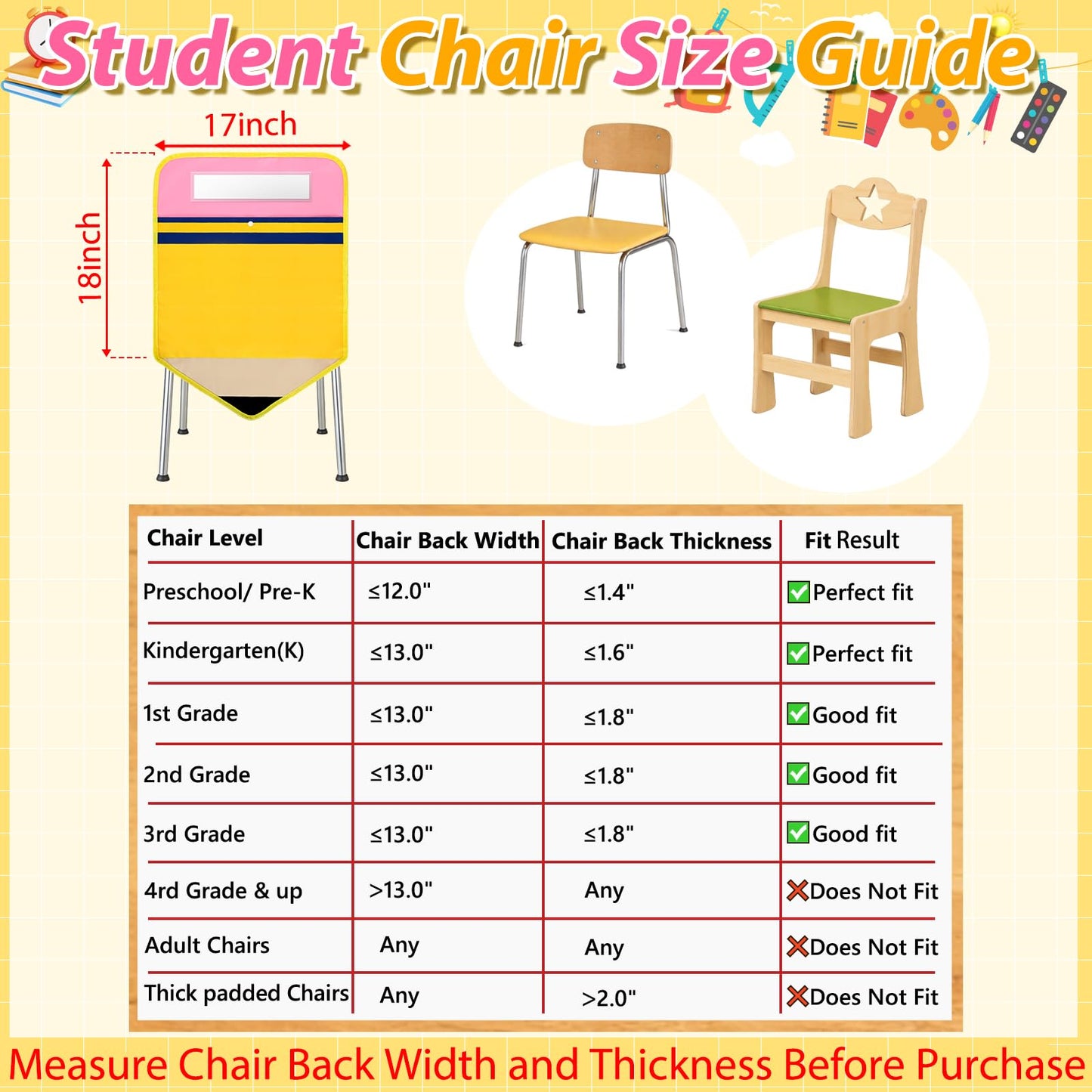 12 Pack Pencil Chair Pockets for Classrooms 17x18 Inch Seat Sacks with 12 Name Slots Chair Back Buddy Student Back of Chair Organizer for K-2 Seat Supplies