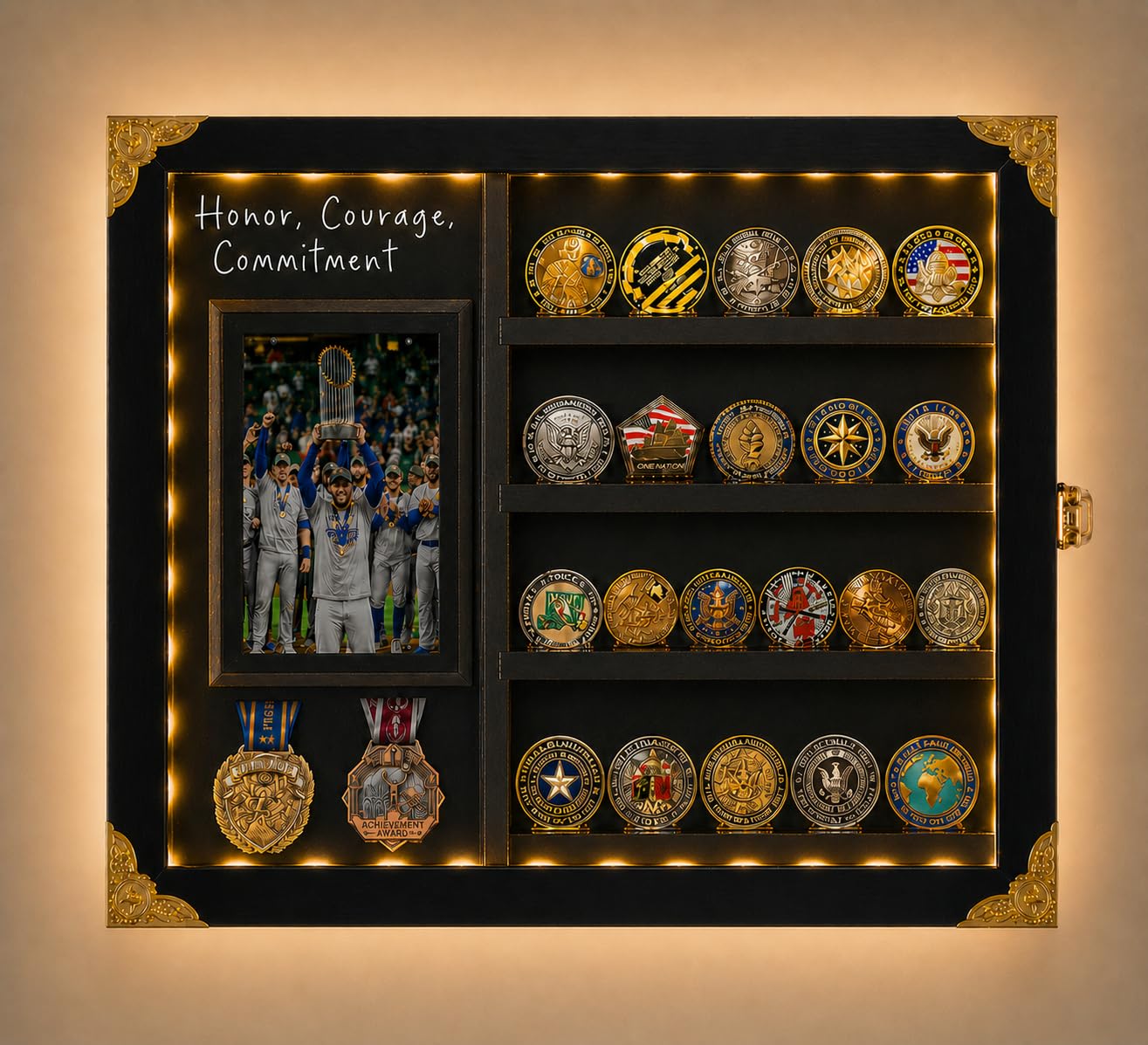 KWYADLUO Challenge Coin Display Case for Gift, Lighted Coin Medal Holder with Photo Frame & Chalkboard, Wall Mount Shadow Box with Removable Shelves, Memorial Gift for Men, Veterans, Collectors, Black