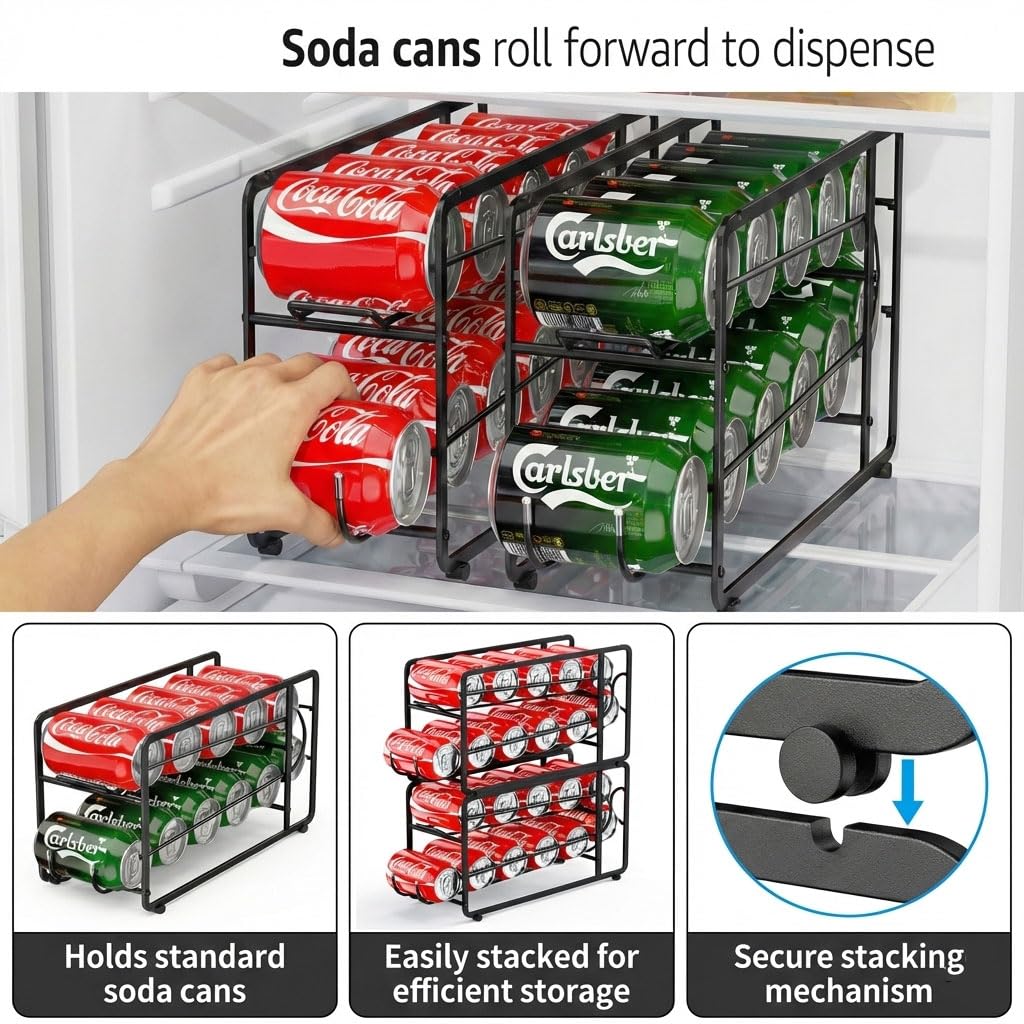 CANYAVE Soda Can Organizer Storage Rack, 2 Pack Stackable Beverage Soda Can Dispenser Organizer Holder for Refrigerator, Cabinet, Pantry (Black)