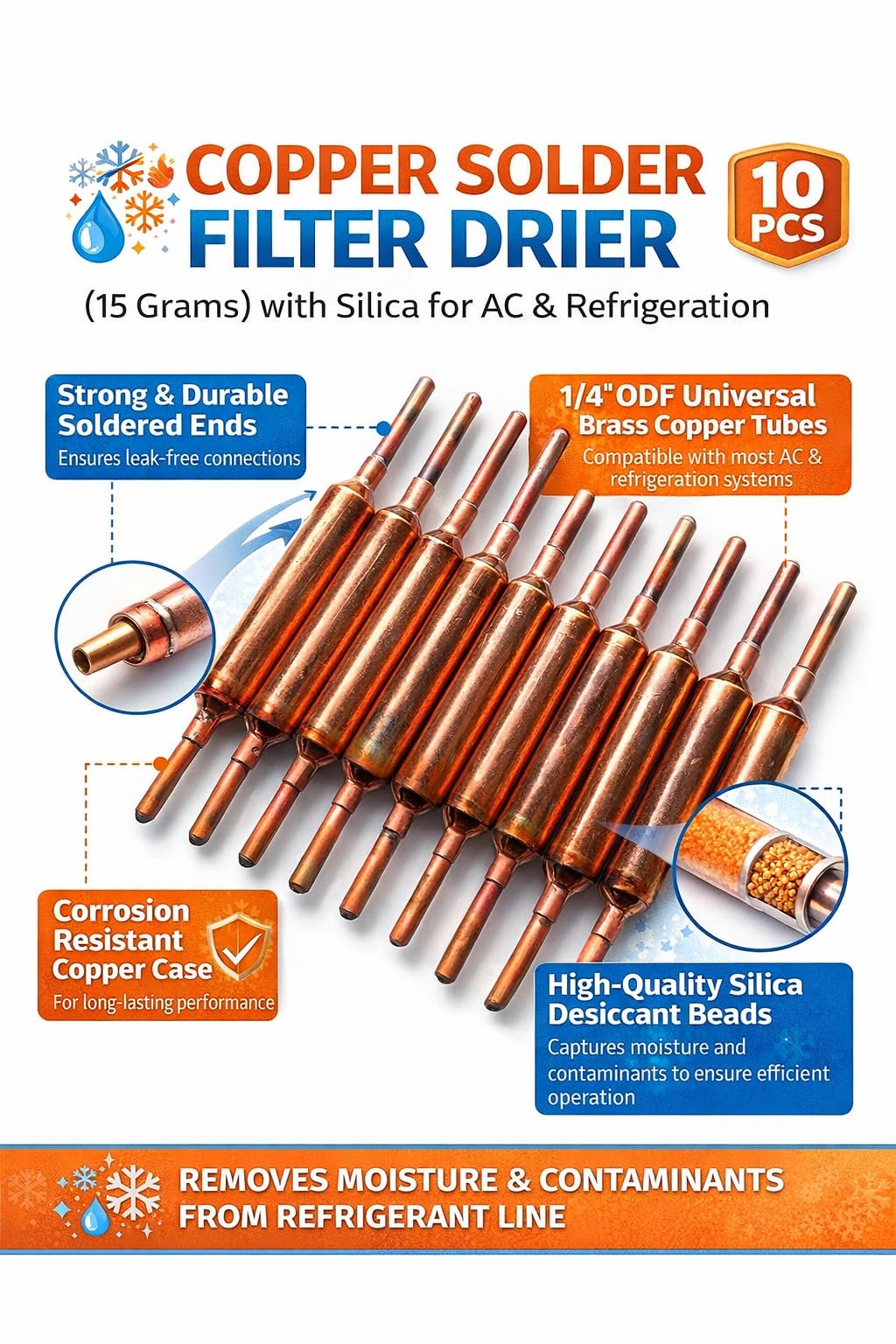 Copper Solder Filter Drier (15 Grams) with Silica for AC & Refrigeration línean 10pcs.