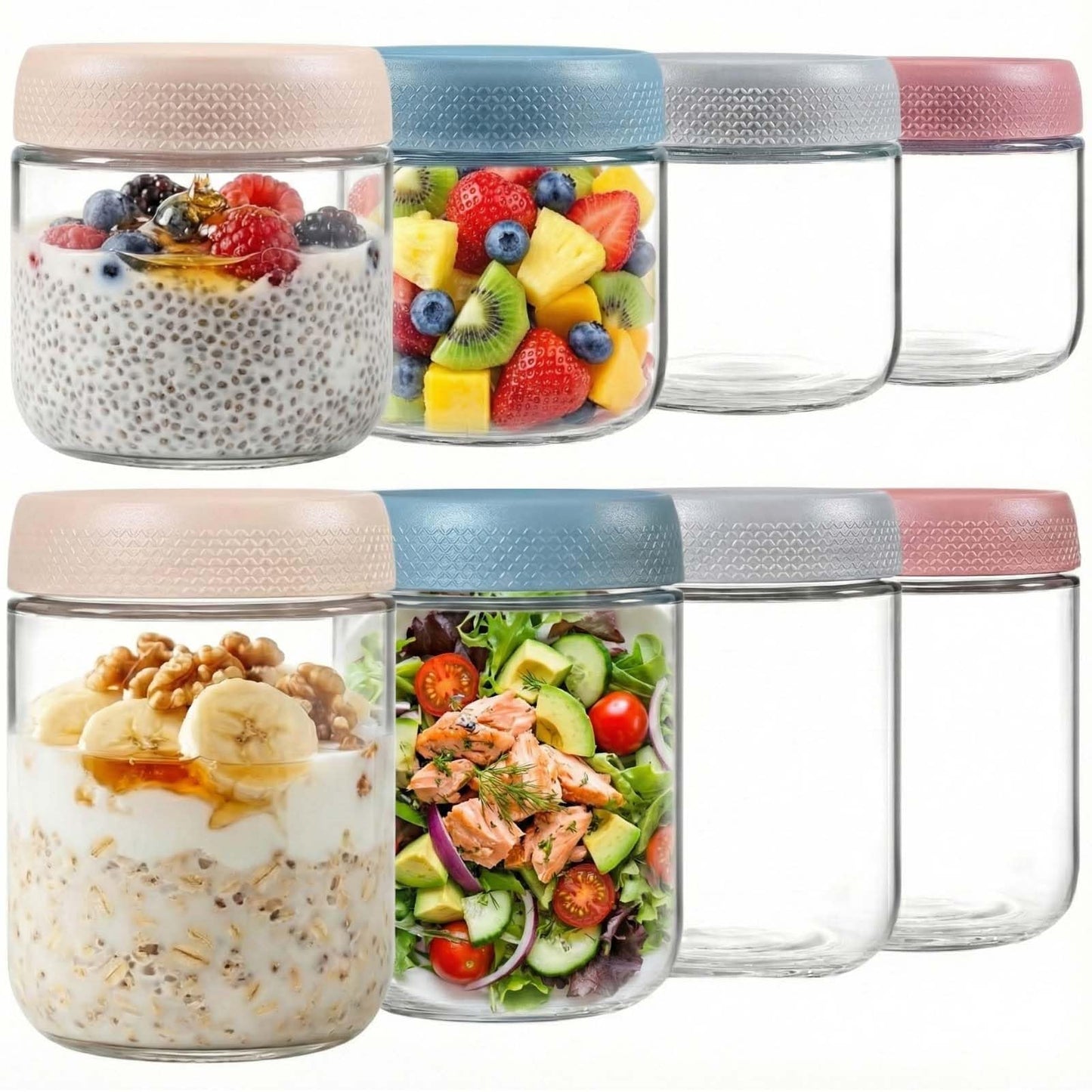 ColoVie 8 Pack Overnight Oats Containers with Lids, Chia Seed Pudding Jars, Stackable Mason Jars with Airtight Lids, Meal Prep, Wide Mouth Glass Food Storage for Snacks Yogurt Spice Sugar, 16oz 10 oz