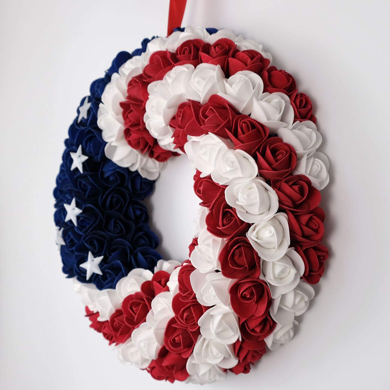 idyllic July 4th Patriotic Americana Wreath Boxwood Handcrafted Memorial Day Wreath Festival Garland Decoration Front Door Wall Home Decor (Blue)