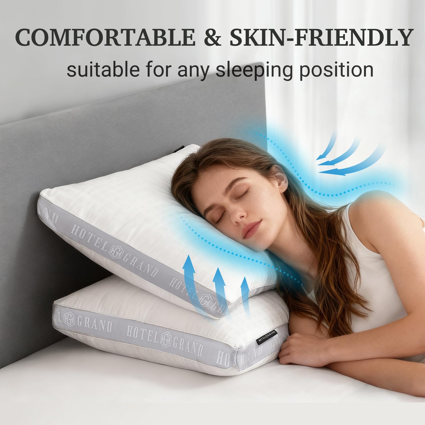 Hotel Grand Bed Pillows Queen Size Set of 2, 500 Thread Count Cotton Cover, Down Alternative Hotel Pillow for Side, Back, or Stomach Sleepers, Medium Firm Hypoallergenic 18”x26”