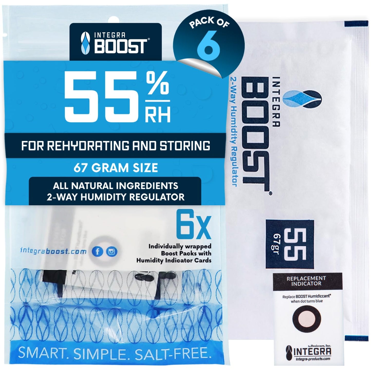 Integra Boost - 55% RH Level - 67 Gram Size - Two-Way Humidity Control Pack - Incl. Replacement Indicator Cards - Food Storage & Herbs Moisture Balancer For Up to 1 lb (Pack of 6)