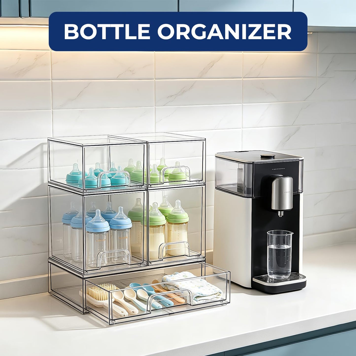 Baby Bottle Organizer Stackable, Acrylic Storage Drawers 5 pack with Non-Slip Pads, Pull-Out Drawers for Baby Bottle, Pump Parts, Pantry, Vanity Countertop (4.4" and 7.6" Tall and 12.1" Wide)