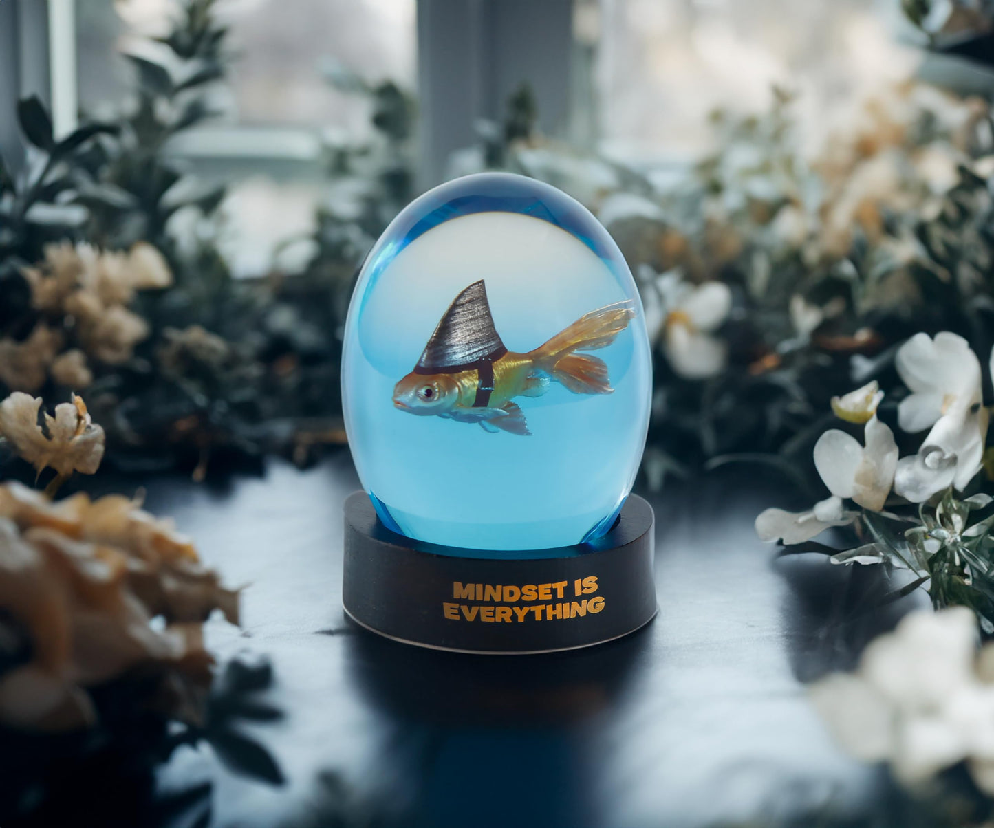 VEOJEIN Mindset is Everything Shark Goldfish – Decorative Desk and Shelf Accessory - Inspirational Uplifting Self-Improvement Positive Quote - Home or Office Decor – Original Design Paperweight