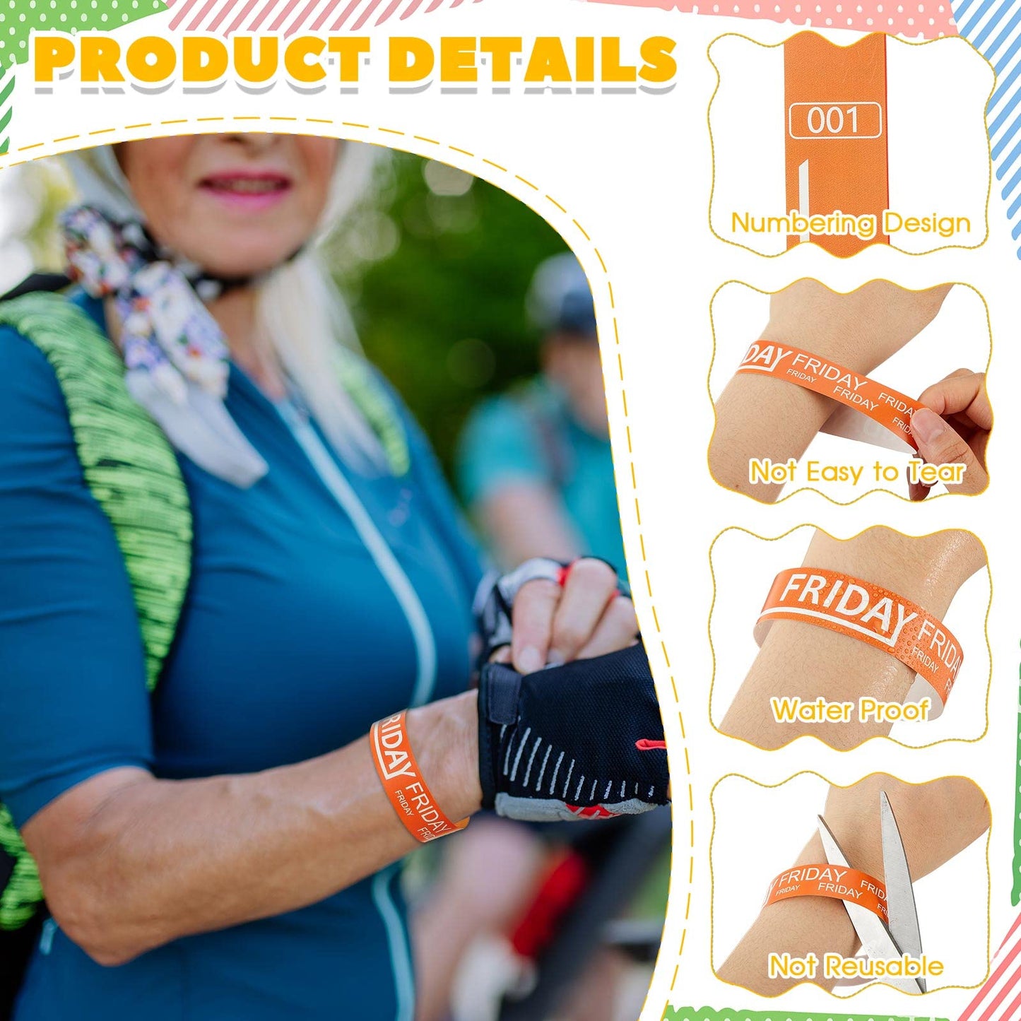 Henoyso 1800 Pcs Paper Wristbands Event Wristbands Numbered Waterproof Wrist Bands for Events Day of the Week Paper Bracelets for Adult, Friday, Saturday, Sunday(Orange, Blue, Green)