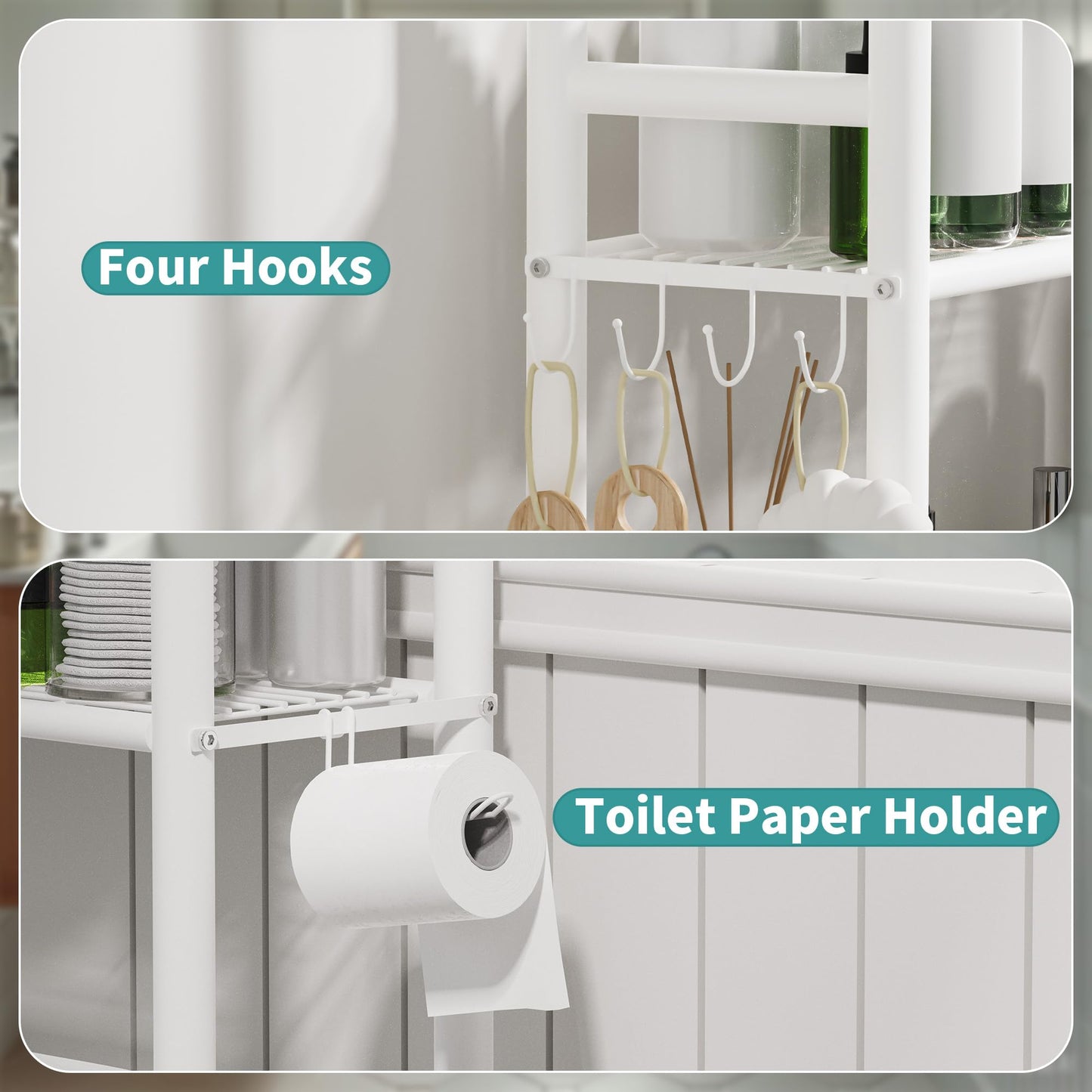 AriseWork 3-Tier Over The Toilet Storage Organizer, Space-Saving Bathroom Rack with Paper Holder & 4 Hooks, 64" Tall Freestanding Carbon Steel Shelf for Small Apartment Laundry Room (White)