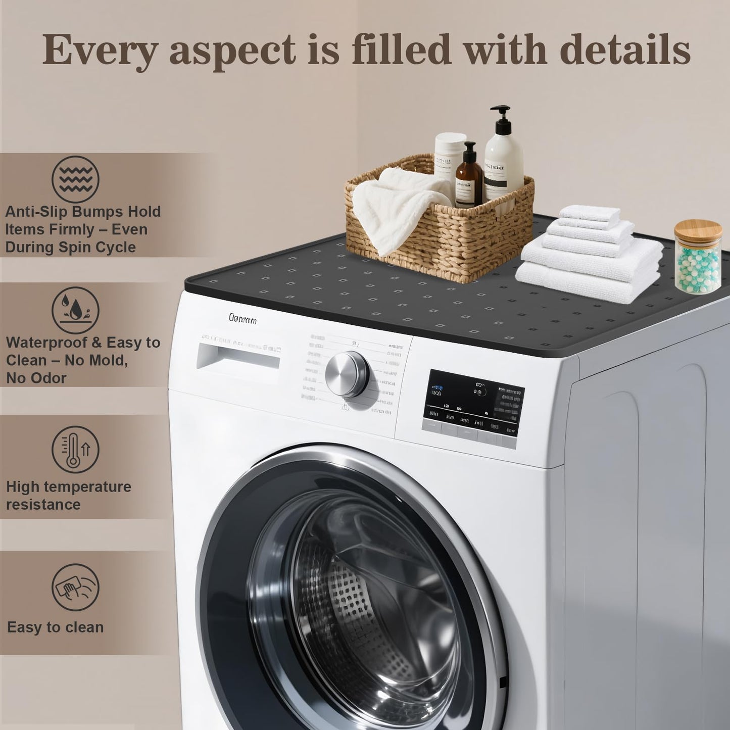 26"x26" Washer Dryer Top Protector Mat, 2-Pack Silicone Countertop Cover with Raised Edge, Non-Slip Waterproof Laundry Protector Pad (BLACK)