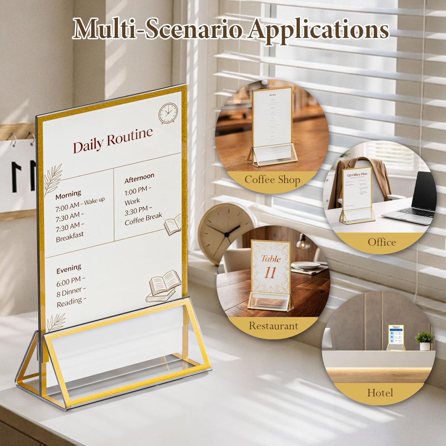 OUKMIC 5"x7" Acrylic Sign Holder with Gold Frame, Double Sided Vertical Display Stand, Clear Tabletop Sign Holders, Menu Flyer Picture Paper Table Numbers Stand for Wedding, Party, Restaurant-12 Pack