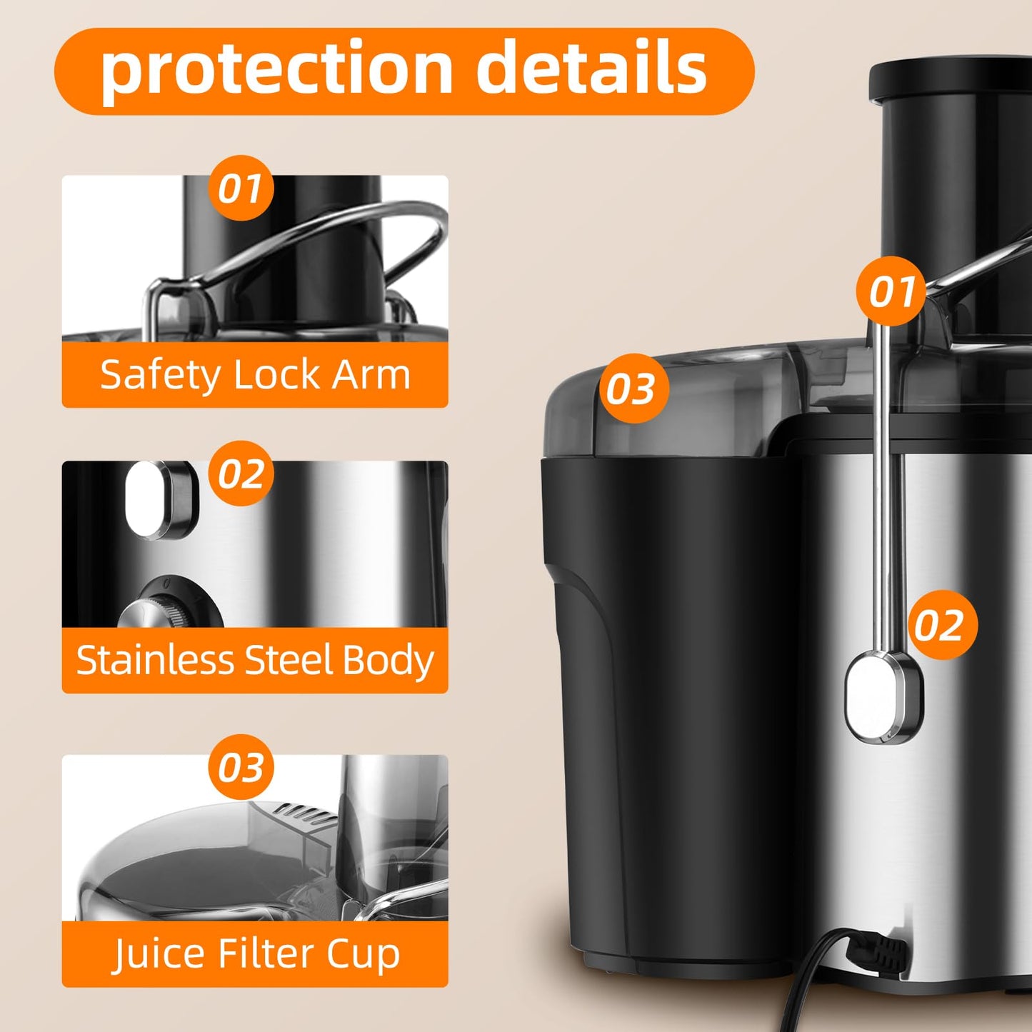 Panana Centrifugal Juicer Extractor with Wide Mouth 2.5” Feed Chute for Fruit Vegetable, Easy to Clean, Stainless Steel, BPA-free (Silver)