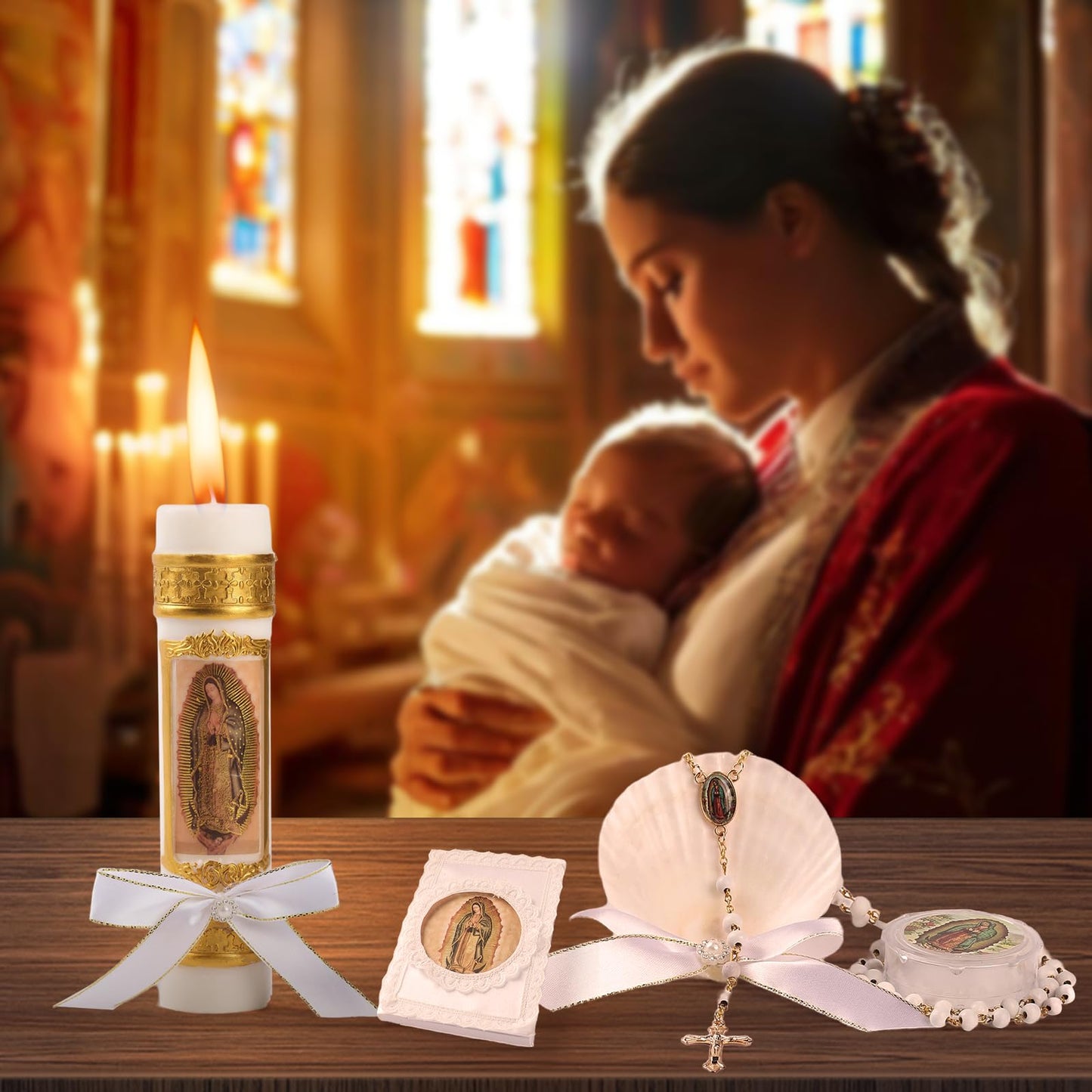 Baptism Candle Set for Boys and Girls,5 PCS Baptism Kit Virgen De Guadalupe Catholic Candle,Towel,Shell,Rosary,Bible for Baptismal Christening First Communion Gift,Velas para Bautizo De Niño o Niña