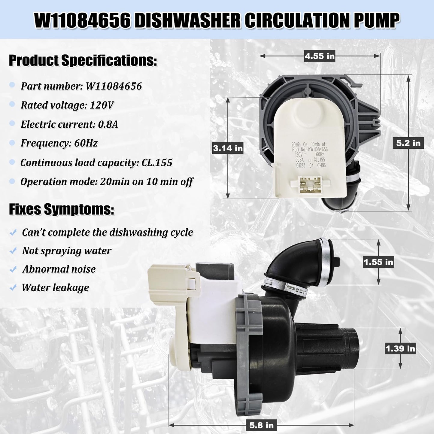 W11084656 W10854710 Dishwasher Circulation Pump, Dishwasher Pump Motor Assembly Replacement Parts AP6050340 PS12070585
