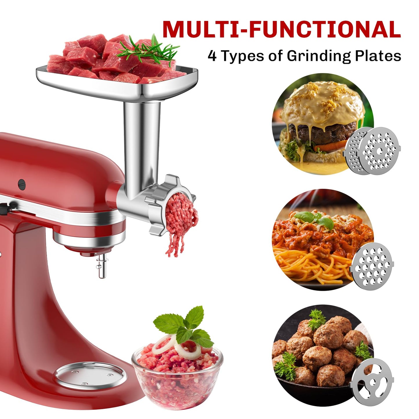 Meat Grinder Attachment for KitchenAid Stand Mixer, Metal Food Grinder for Kitchen Aid Includes 4 Grinding Plates, 3 Sausage Stuffer Tubes and 2 Cutting Blades