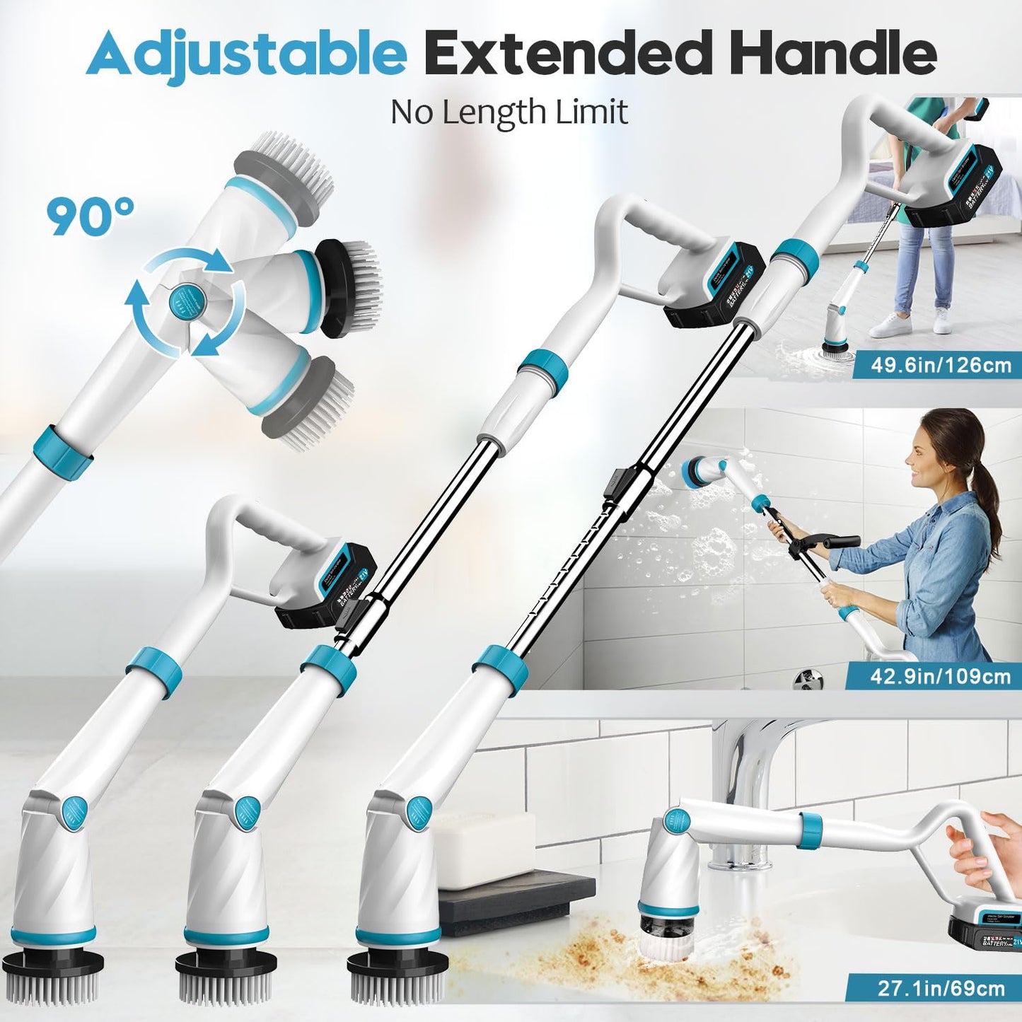 1500RPM Electric Spin Scrubber, 8 Brush Heads Electric Scrubber for Cleaning, Shower Scrubber with Long Handle and Two Battery, High Power Scrubber with Display for Bathroom/Tub/Floor