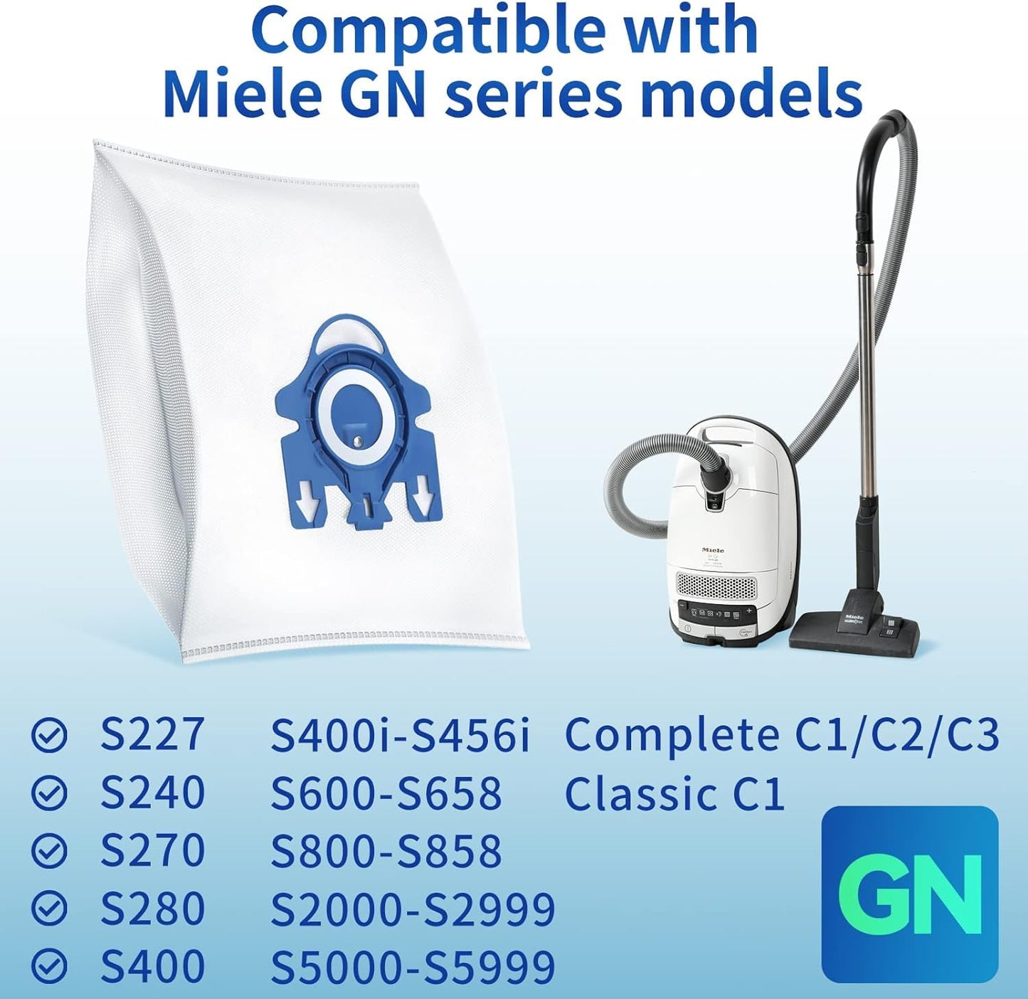 12 Pack 3D Dust Bags, Compatible with Miele GN Vacuum Bags, Replacement for Miele Classic C1 Complete C1, C2, C3, S400i S600 S2 S5 S8 Series, with 4 MP Filters, 4 AC Filters
