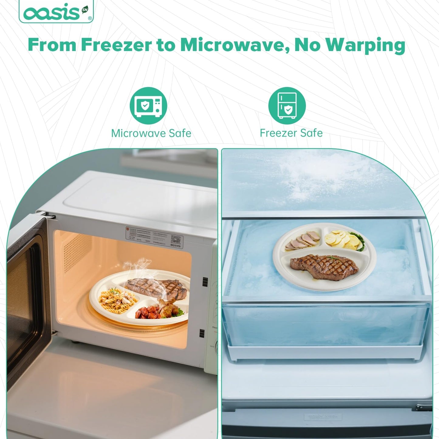 OasisSN 𝟭𝟬 𝗶𝗻𝗰𝗵, 𝟭𝟮𝟴-𝗣𝗮𝗰𝗸 3-Compartment Disposable Paper Plates, Compostable Heavy-Duty Divided Plates for Meal Prep, School Lunches & Party Buffets (White)