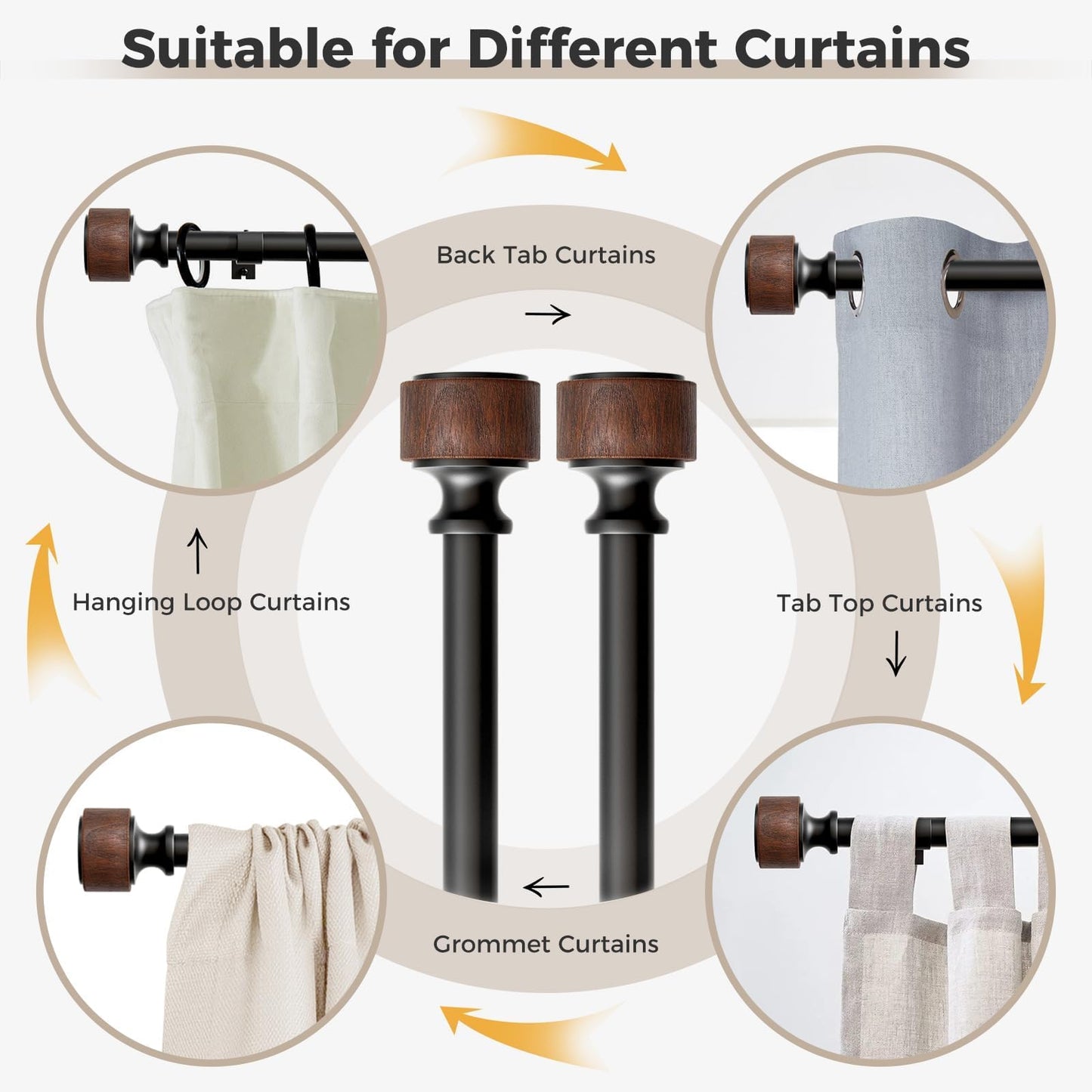 MARHSIPE Wood Curtain Rods for Windows 48 to 84 Inch, 1” Diameter Drapery Rod with Imitation Wood Grain Finials, Adjustable Heavy Duty Curtain Rod Set, Indoor/Outdoor Modern Curtains Rods
