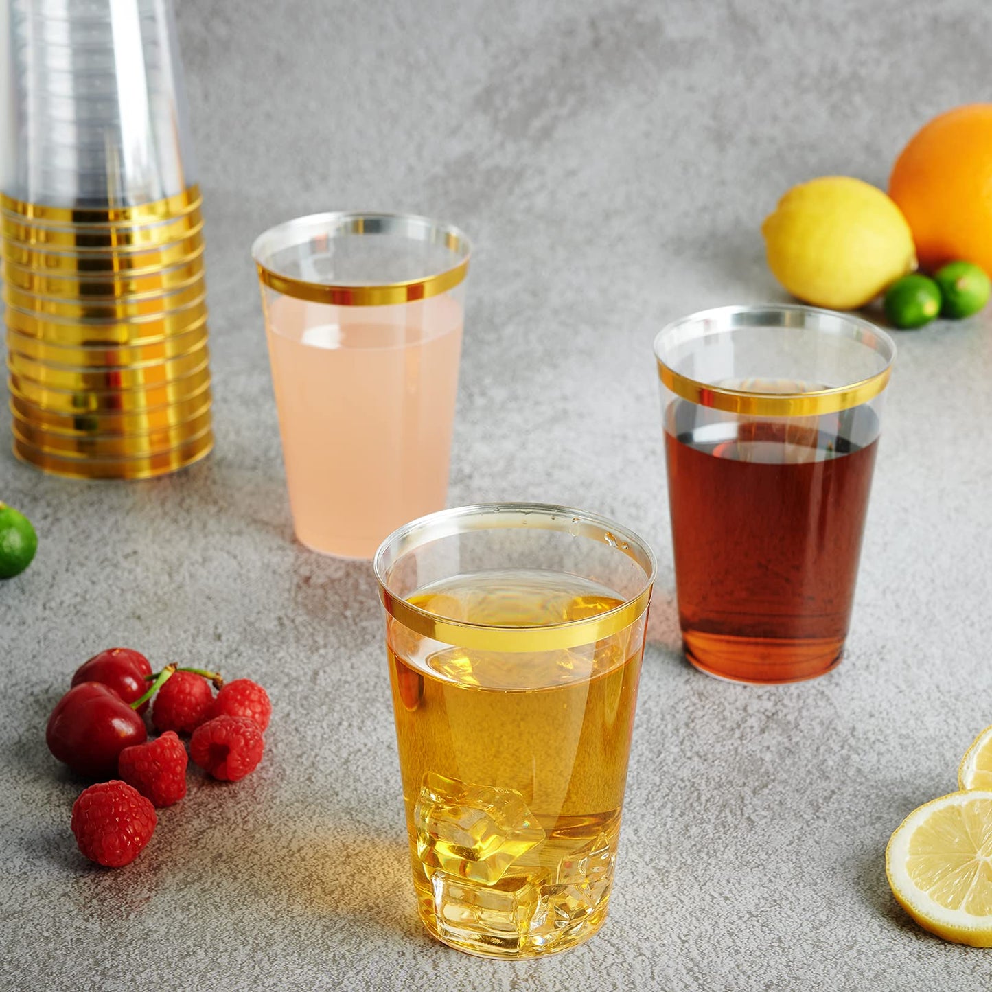 FOCUSLINE 200 Pack 12 oz Gold Rimmed Plastic Cups, Clear Plastic Cups Tumblers, Heavy-duty & Fancy Disposable Hard Cup 12 Ounce with Gold Rim for Wedding Cup Elegant Party Cups