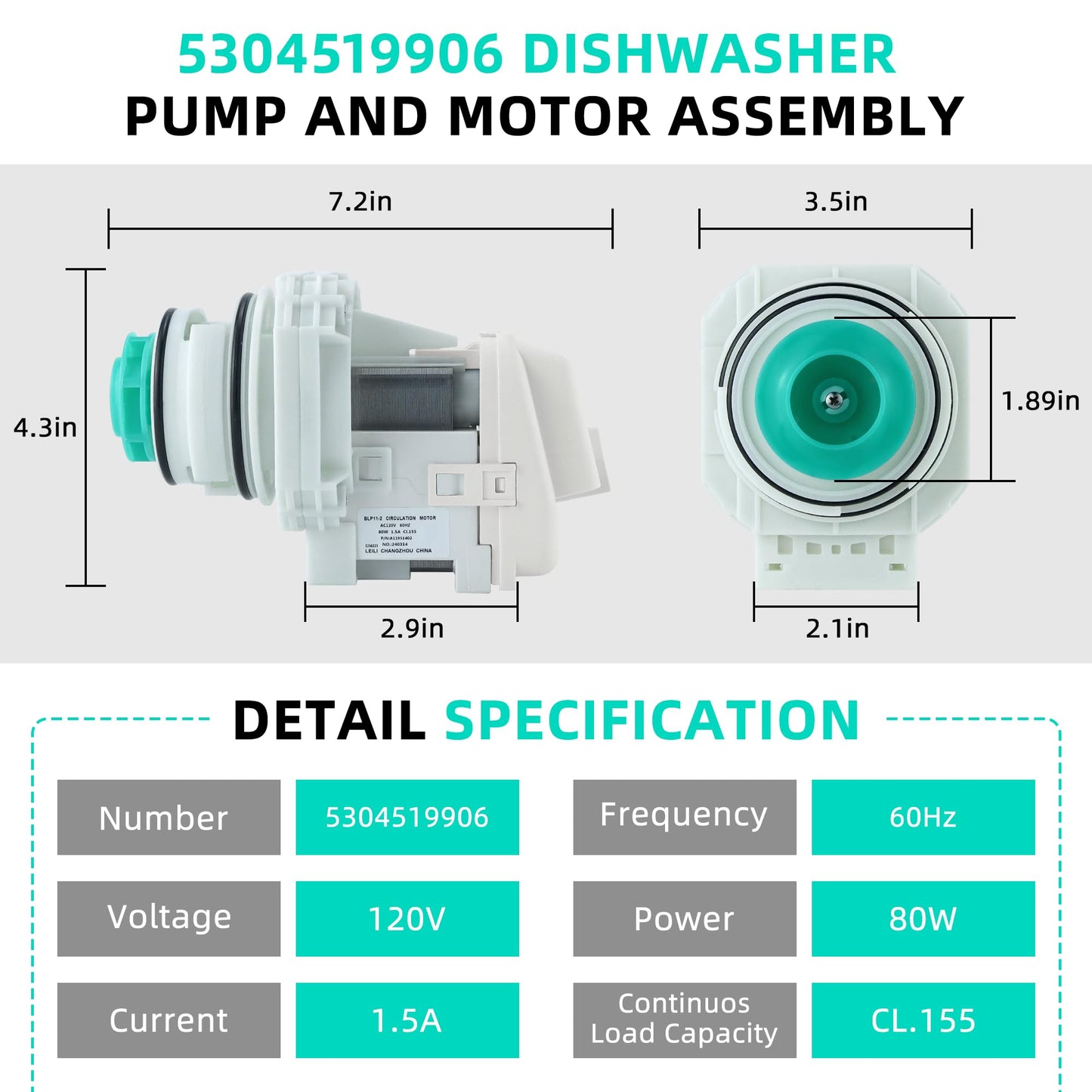 UPGRADE 5304519906 blp11-2 Dishwasher Pump and Motor Assembly Replacement fit for Fri-gidaire Ik-ea White-Westinghouse Water Drain Circulation Pump Replaces A11951402, AP6840161 By Fetechmate