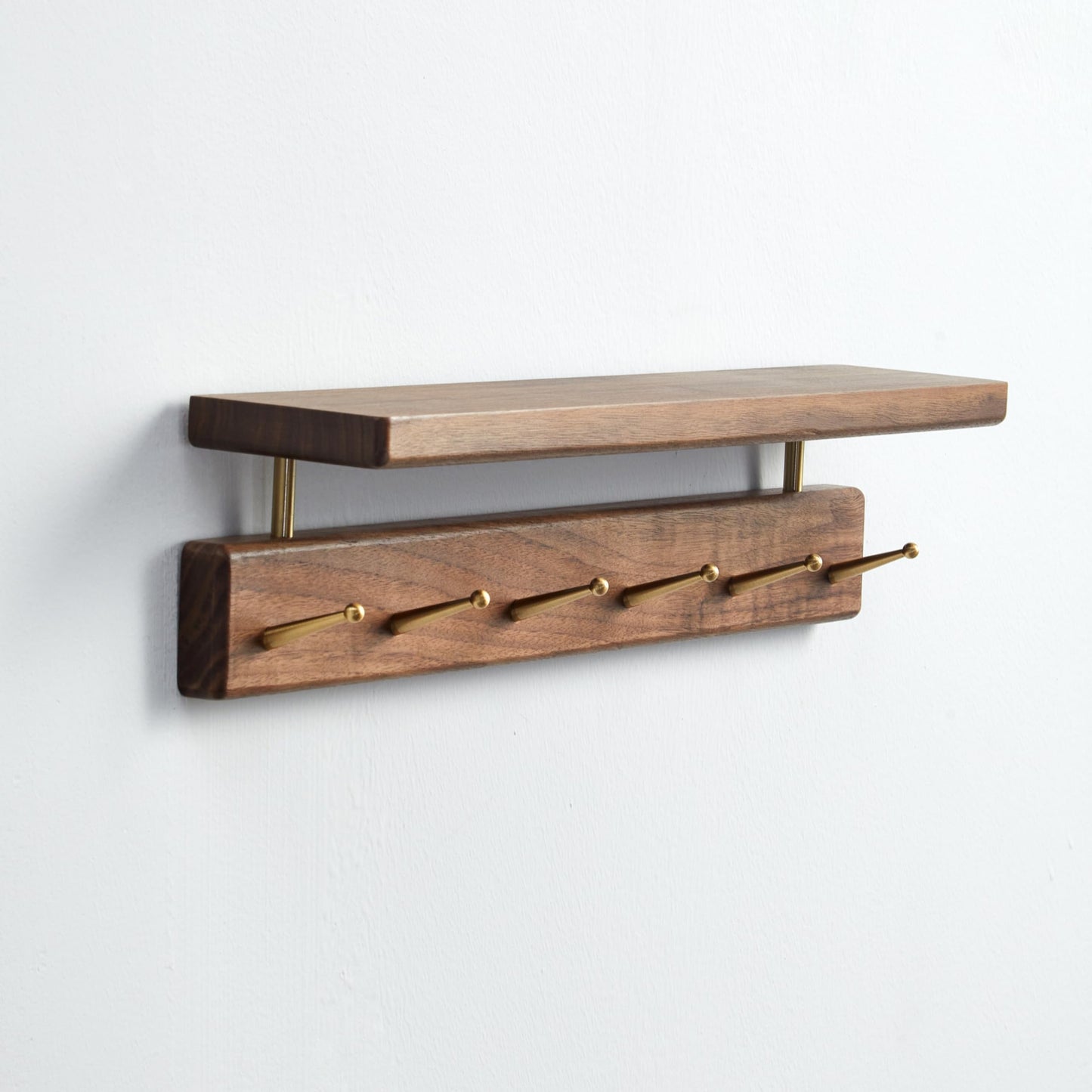 Mayhas Solid Wood Shelf with Hooks, 19 inch Coat Rack Wall Mount, Shelves with 6 Brass Hooks for Hanging in Entryway, Living Room, Bathroom, Bedroom, Kitchen(Walnut)