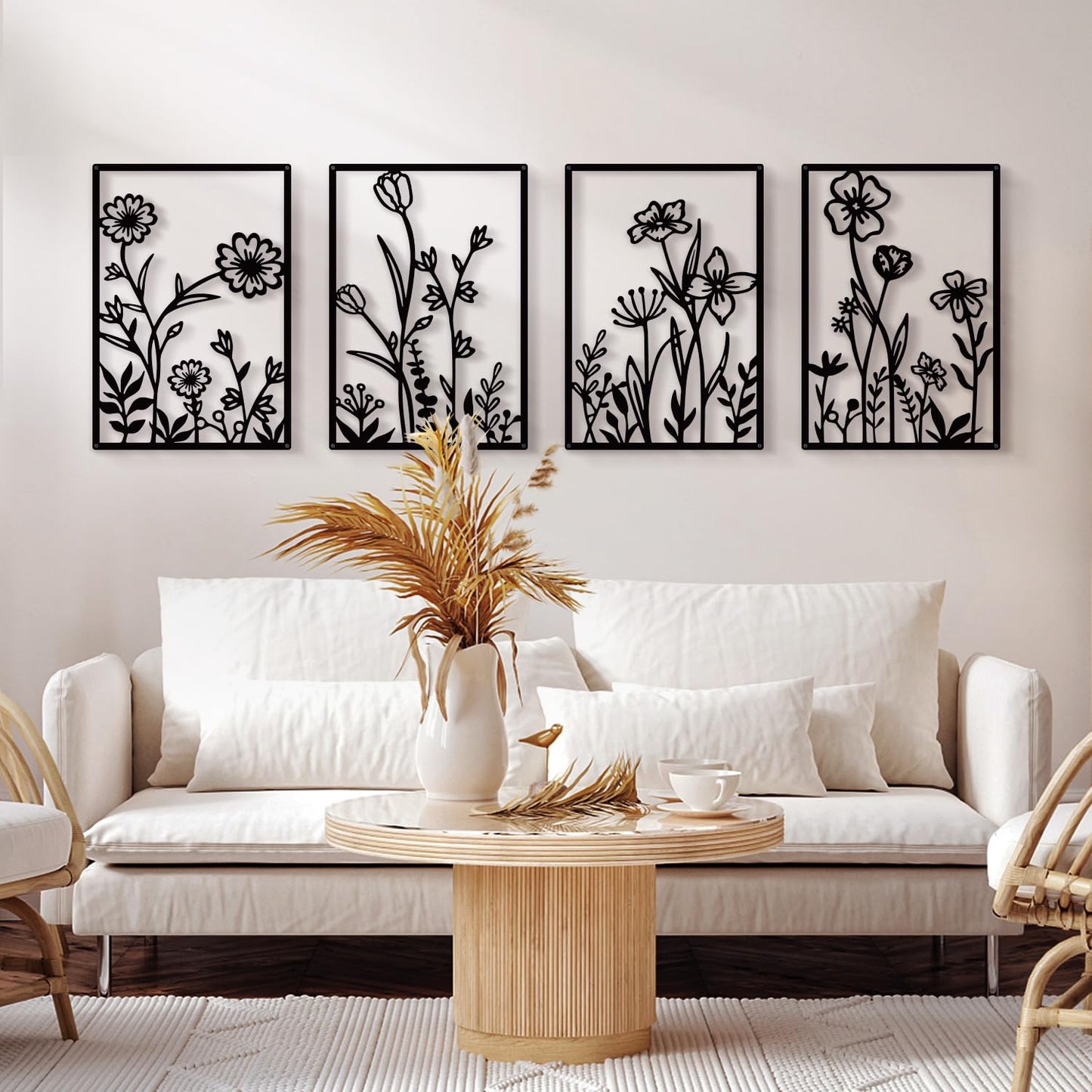 Sokurdeg Black Metal Flower Wall Decor, Minimalist Floral Botanical Wall Art, Abstract Line Boho Farmhouse Decor for Living Room, Bathroom, Bathroom, Office, Meaningful Gift (4 Pcs, 12x17 in)