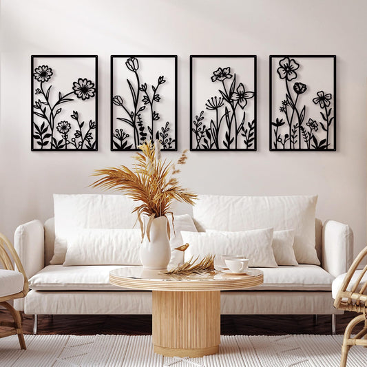 Sokurdeg Black Metal Flower Wall Decor, Minimalist Floral Botanical Wall Art, Abstract Line Boho Farmhouse Decor for Living Room, Bathroom, Bathroom, Office, Meaningful Gift (4 Pcs, 12x17 in)