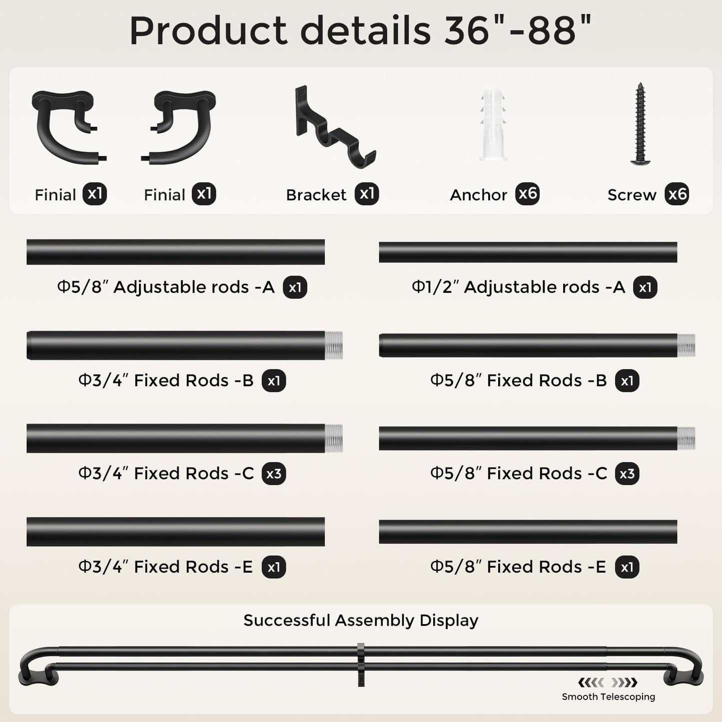 Double Curtain Rod 34-92 Inch, Black Wrap Around Blackout Dual Curtain Rods for Windows, Adjustable Heavy Duty Curved Spliced Room Darkening Double Rods, All Metal, Aluminium Bracket
