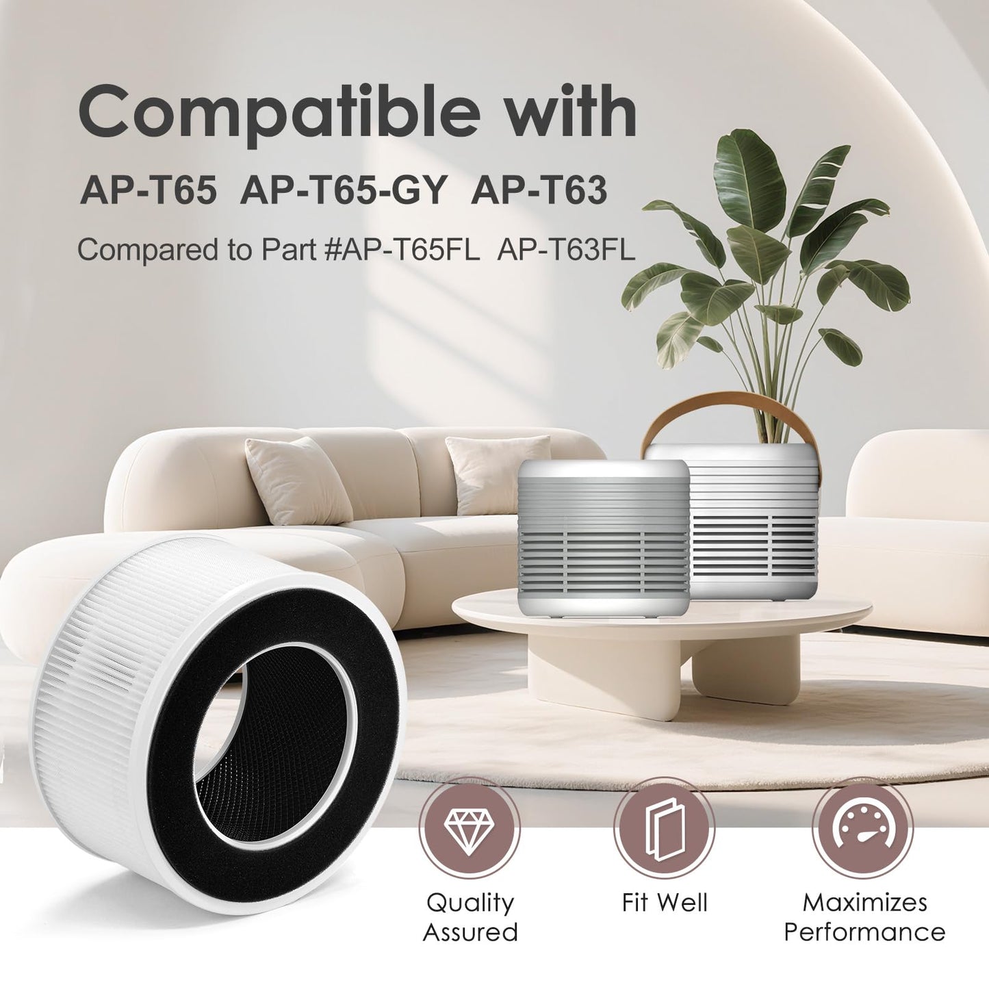 HSIAMEN [2-Pack] AP-T65FL Replacement Filter Compatible with HoMedics Air Purifier AP-T65 AP-T65-GY AP-T63, 3-in-1 H13 True HEPA Activated Carbon