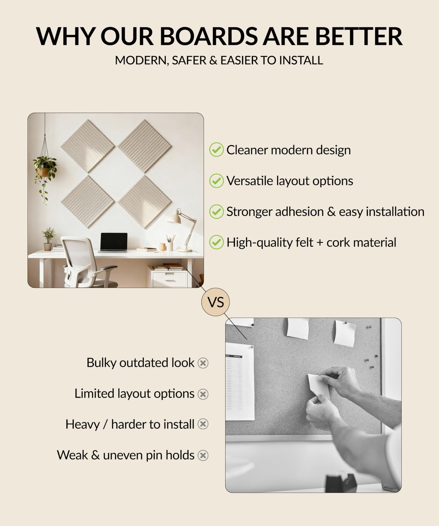 Large Cork Board Alternative 48" x 36" with Push PINS & Wall Safe Adhesive Tabs – Push pin Board for Walls in Home or Office, Felt Bulletin Board Tiles, Versatile Felt Board Layout, Beige