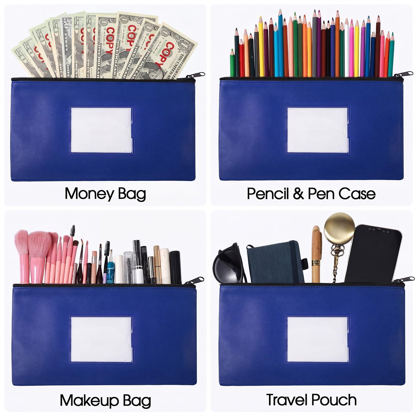 Potchen 20 Pcs Money Bank Bag with Zipper 11 x 6 Inch Money Pouch Bulk Security Bank Deposit Bag with Clear Window Leatherette Cash Coin Wallet for Women Men(Dark Blue)