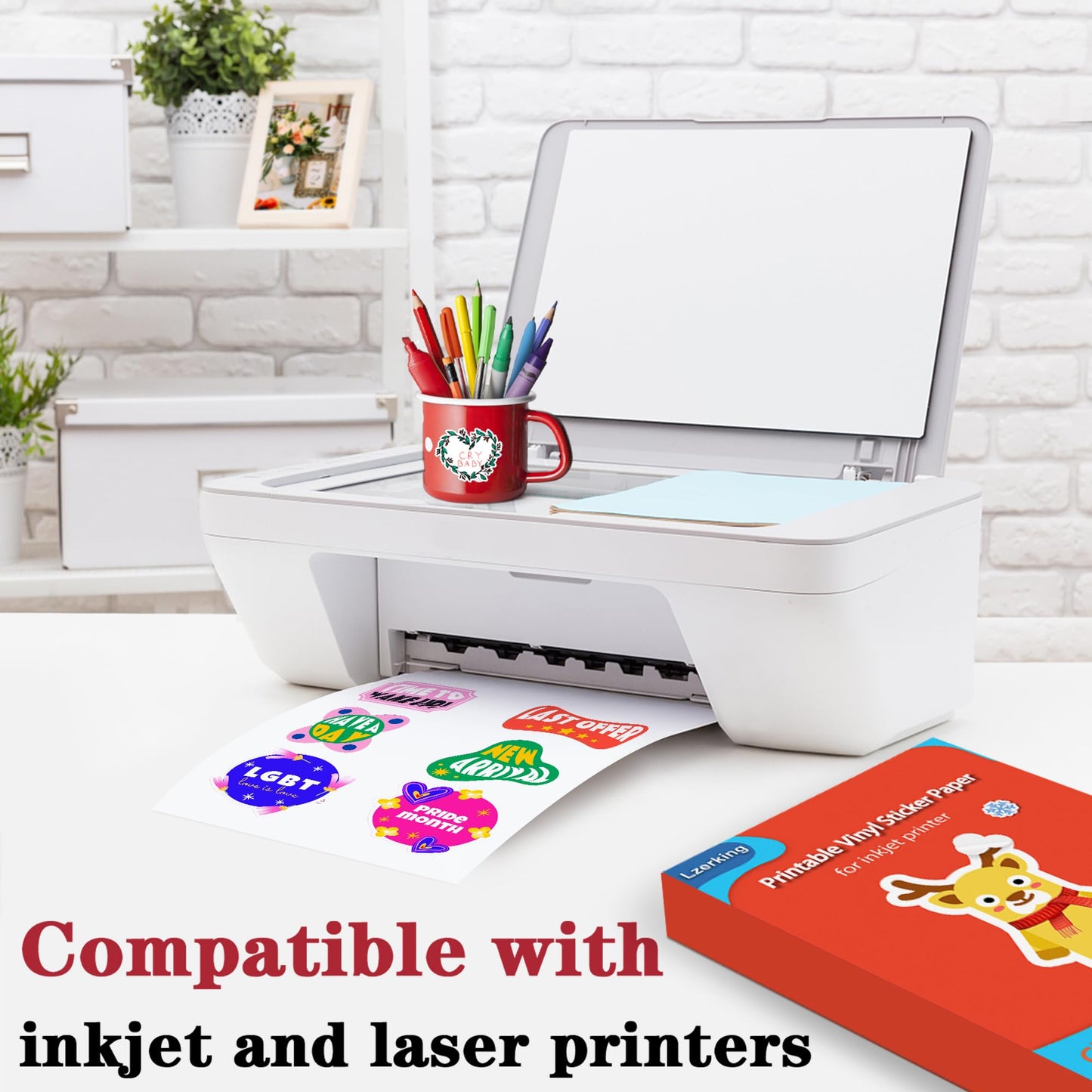 Lzerking 200 Sheets Glossy Printable Vinyl Sticker Paper 8.5"x11", Vibrant Color Quick-Drying Waterproof White Decals for Inkjet/Laser Printers & Cricut for Small Businesses, DIY Enthusiasts