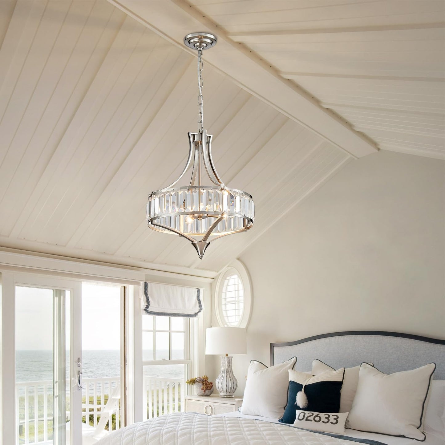 Majhoiw Crystal Chandeliers for Dining Room, Round Rustic Farmhouse Chandelier, Metal Shade, 4-Light Modern Brushed Nickel Chandelier for Hallway, Bedroom, Foyer