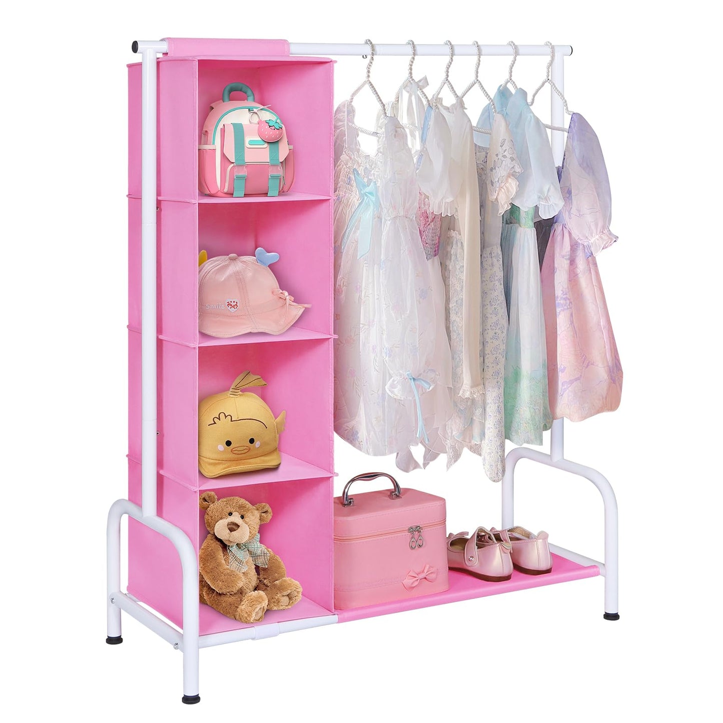 Univivi 43" Tall Kids Clothing Rack, Toddler Dress Up Storage with Hanging Organizer – Sturdy Metal Baby Closet, Space-Saving for Nursery & Bedroom, Pink/White