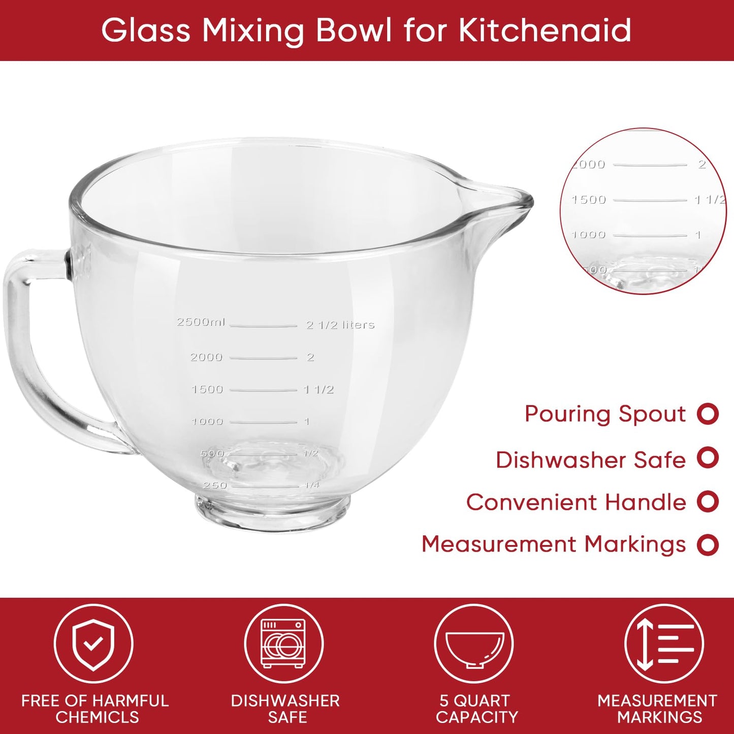 Kltchonald Tilt-Head Stand Mixer Glass Bowl, 5 QT,Compatible with Kitchenaid Artisan 5KSM125, 5KSM150, 5KSM175, 5KSM7580, KSM150, RRK150,K45, K45SS, KSM75, KSM90, KSM95,Classic without Lid