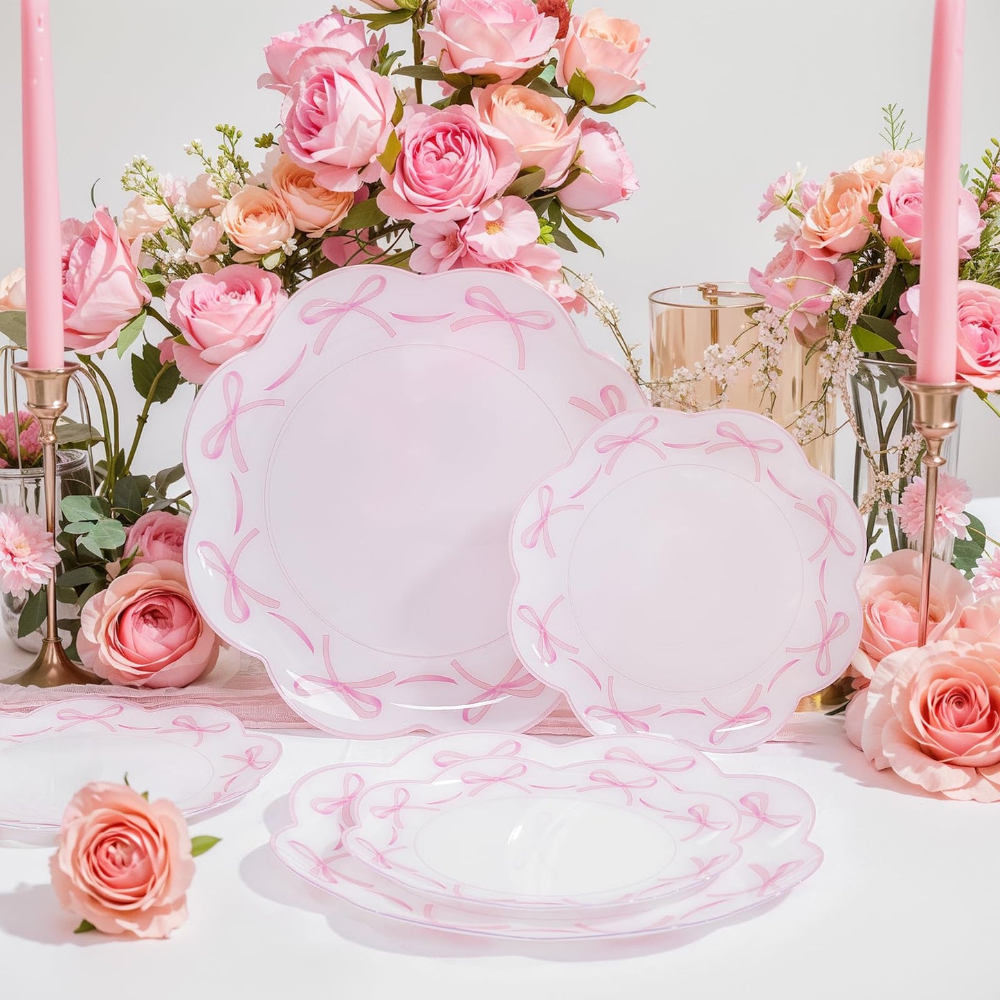 LIYH 60 Pcs Pink Bow Plastic Plates for Party - Pink Scalloped Scalloped Plates Disposable Heavyduty for Decorative Tableware for Holiday Party Decor Supplies - 10.25" Dinner & 7.5" Dessert Plate