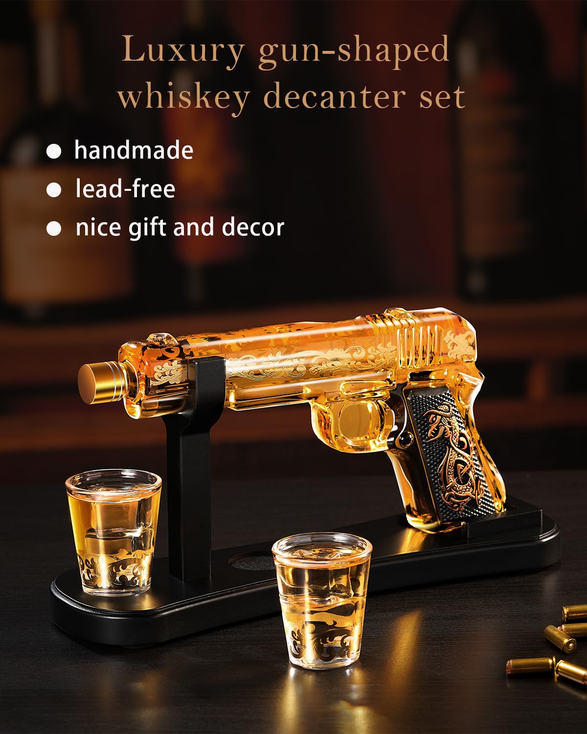 Handcrafted Gun Whiskey Decanter Set -Luxury Lead-Free Glass, Unique Non-Alcoholic Gift for Men, Husbands &Bourbon Lovers, Man Cave & Home Bar Decor with 2 Glasses by VYLPM