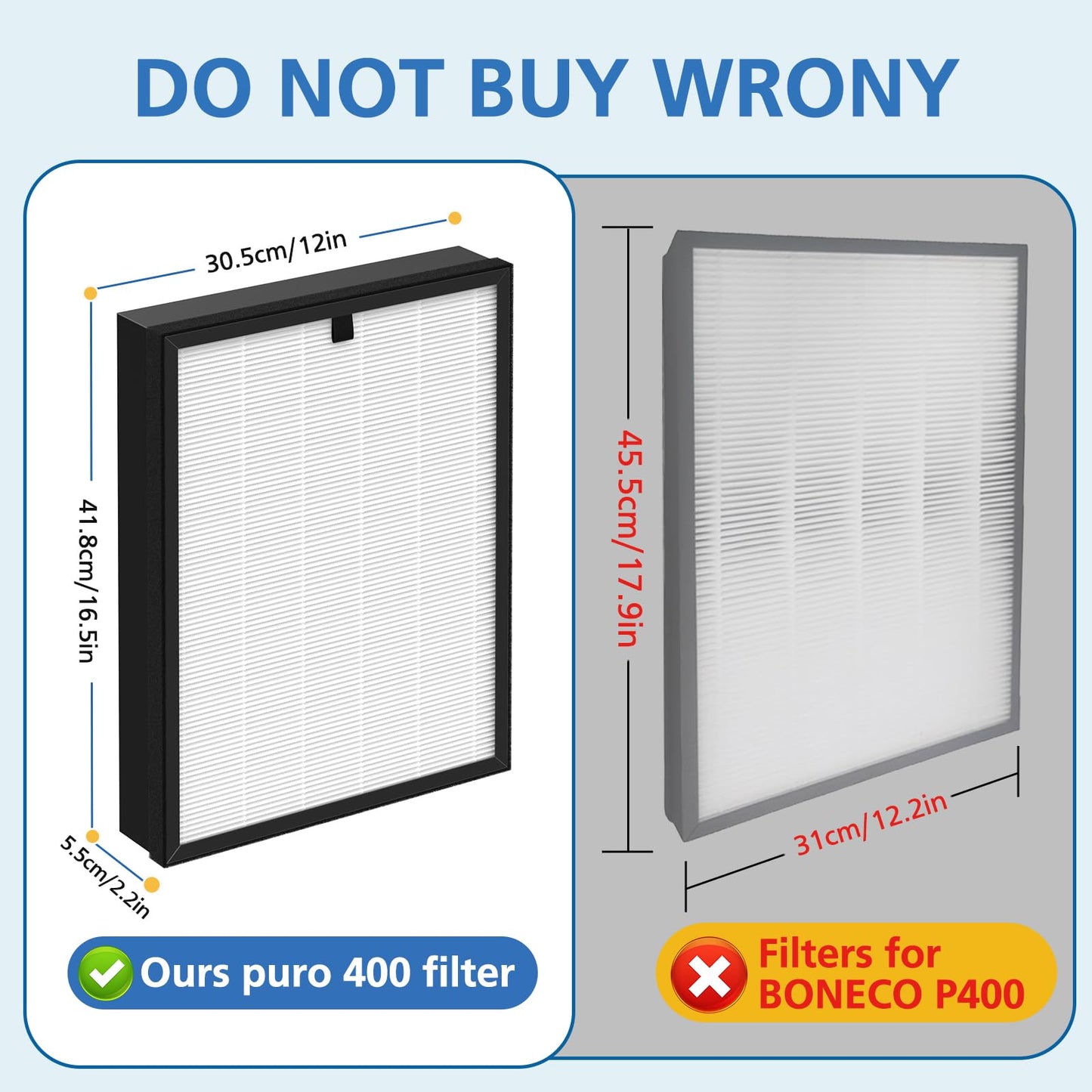 400 Air Purifier Replacement Filter Compatible with Puro 400 Air Purifier, 3-in-1 with Activated Carbon Filter Attach Pet Dander Smoke Pollen Dust, 2 Pack