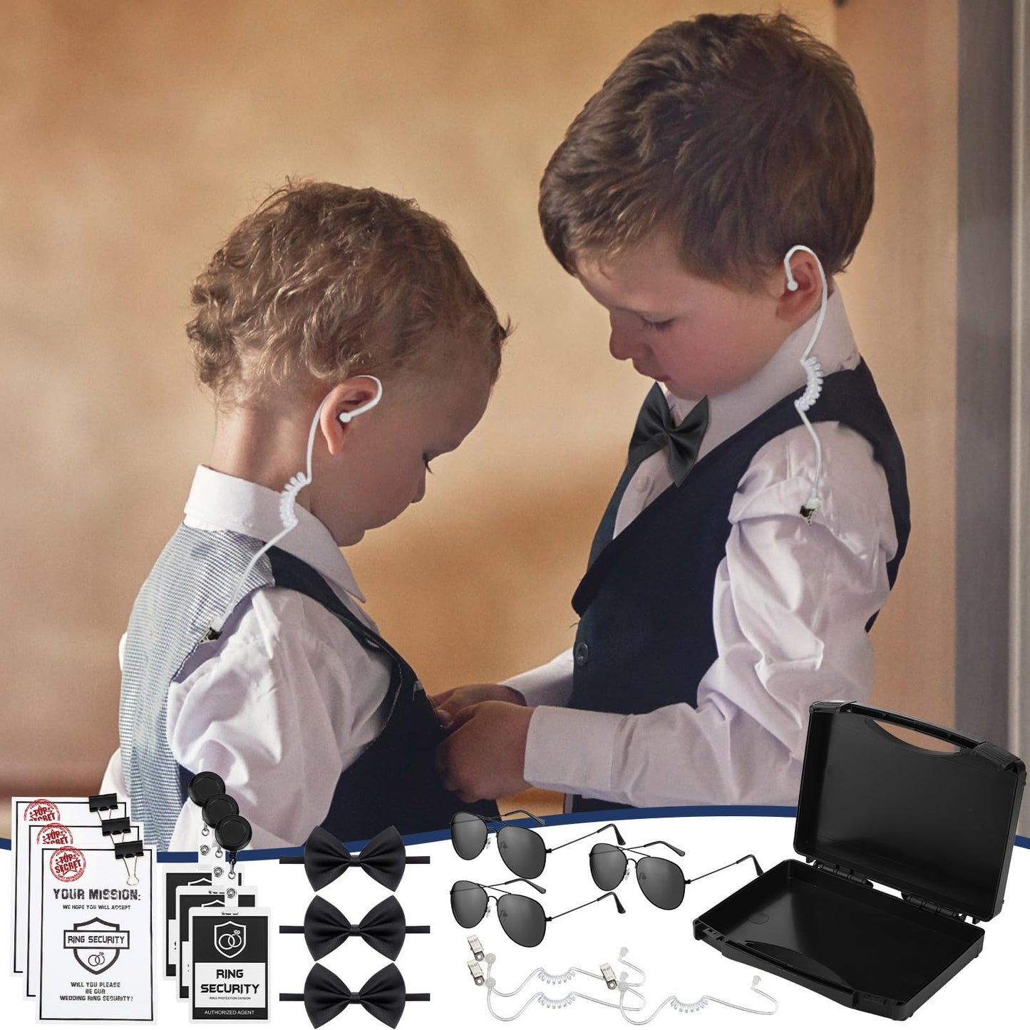 Mepase 21 Pcs Ring Wedding Bearer Security Set Include Ring Bearer Box ID Badge Holder Sunglass Acoustic Earpiece Tube Mission Card with Binder Clip Bow for Kids (Pp Suitcase)