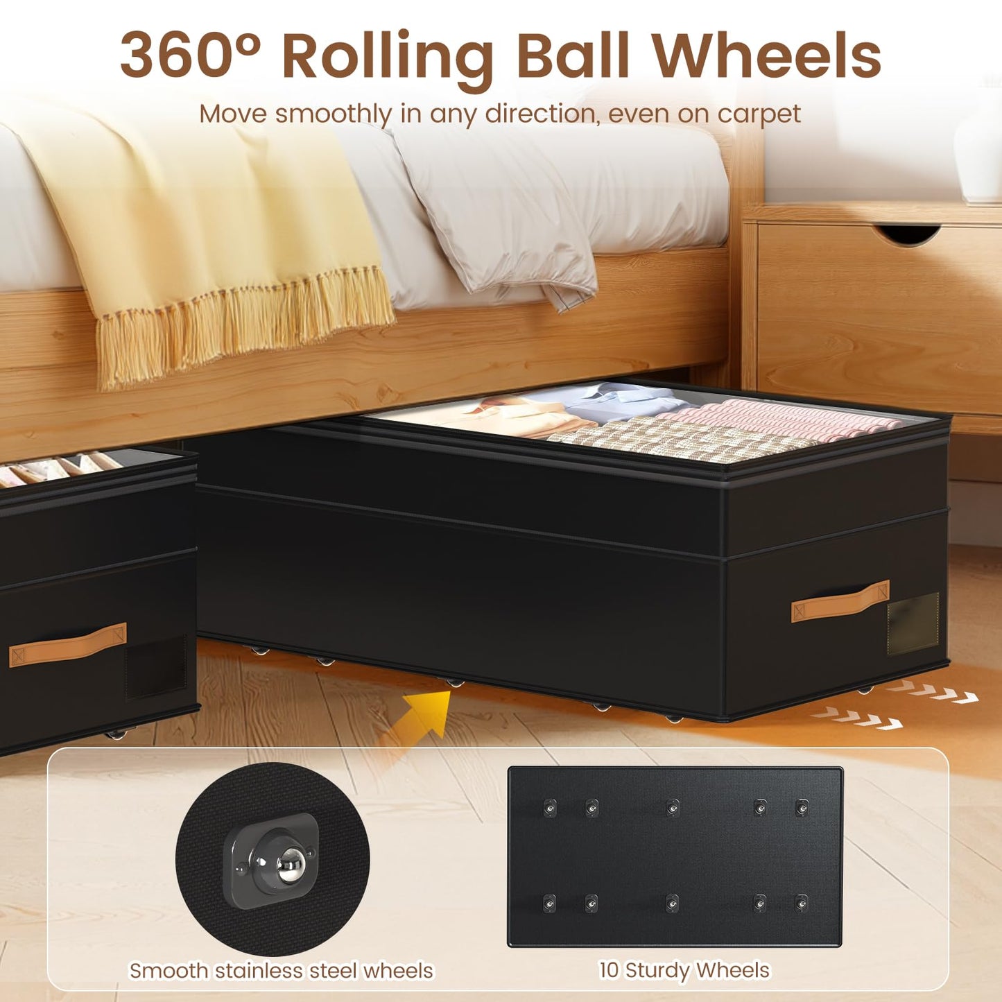 Under Bed Storage with Wheels, 2-Pack Underbed Storage Containers, No Assemble 11 inches 90L XXL Large Adjustable Storage Bins with Clear Lids, Rolling Storage for Clothes, Shoes, Blankets, Black